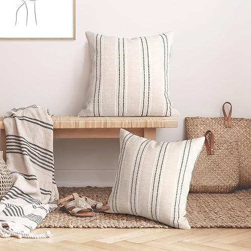 Miniatura 5 de AELS Juego de 2 fundas de almohada decorativas de lino rústico de 22 x 22 pulgadas, funda de almohada con textura bohemia, color beige con hilo