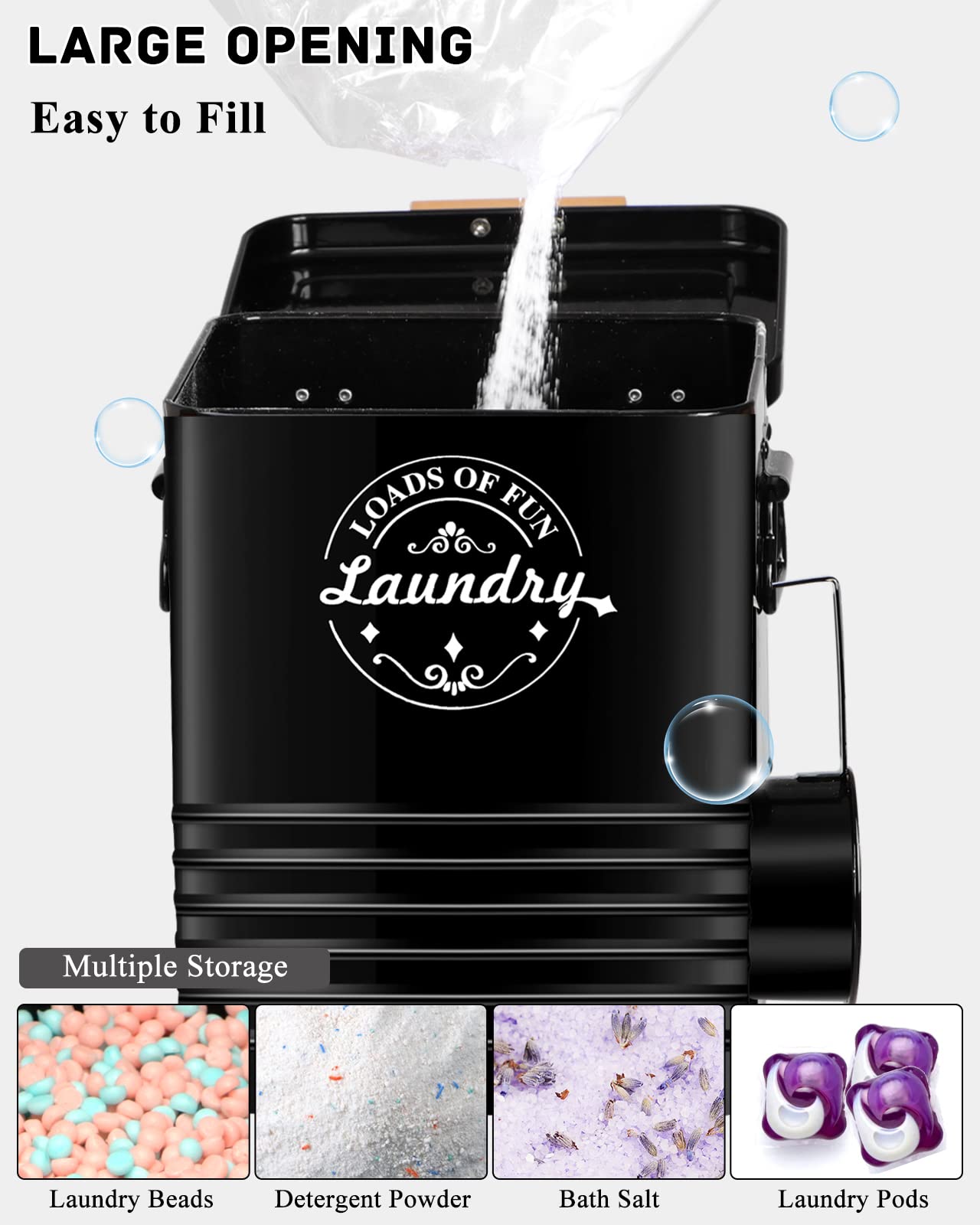Dispensador de detergente en polvo para la organización de la lavandería. Dispensador de jabón de lavandería de metal con cuchara y tapa. Decoración moderna de lavandería y accesorios (negro)
