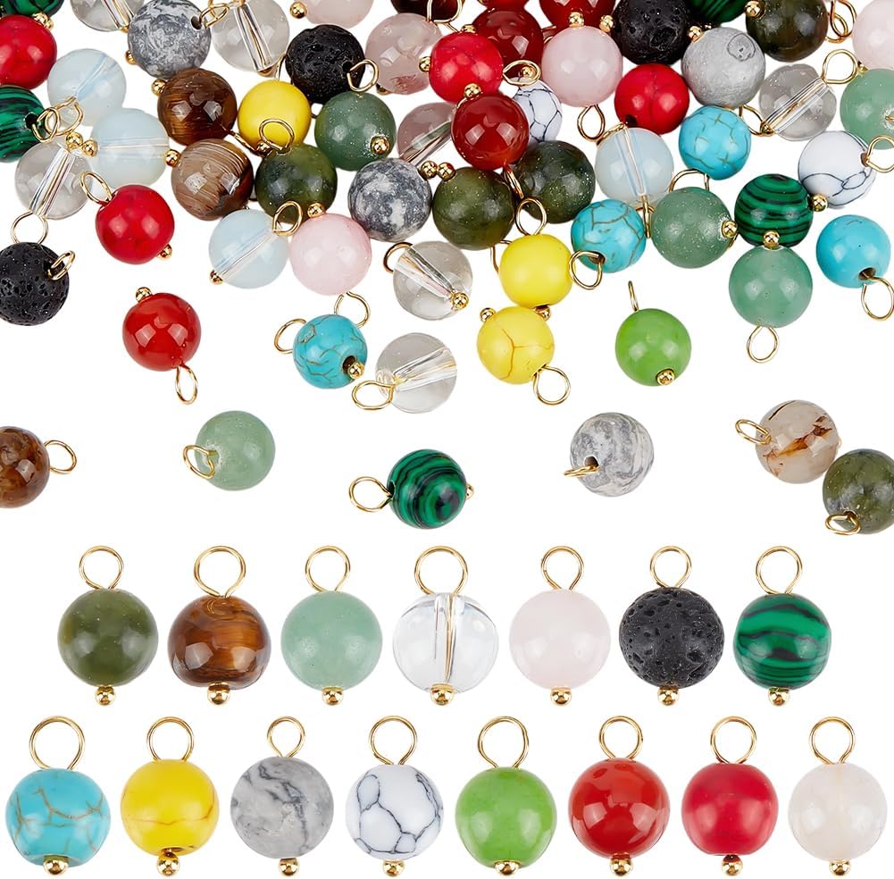 PH PandaHall Mixed Gemstone Pendants Round Gemstone Charms, Natural Synthetic Stone Pendants with Loops for Jewelry Making