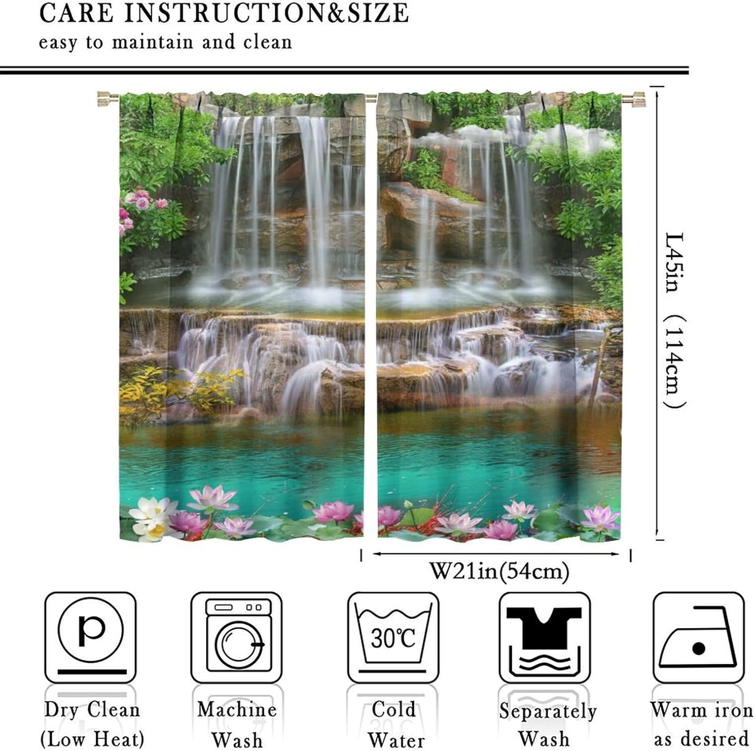 Waterfall Curtains,Rocky Waterfall to Pond Running Off Scenic Nature Themed Picture Print, Living Room Bedroom Window Drapes Set 2 Panels,42x45 Inches