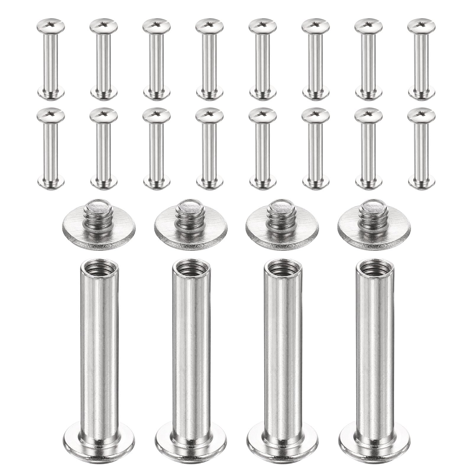sourcing map 20set Chicago Screw M4x25mm 6mm Length Metal Phillips Nail Rivet Stud Bolts Rivets Binding Post Screw for DIY Leather Belt Bag Craft Bookbinding, Silver — image 1