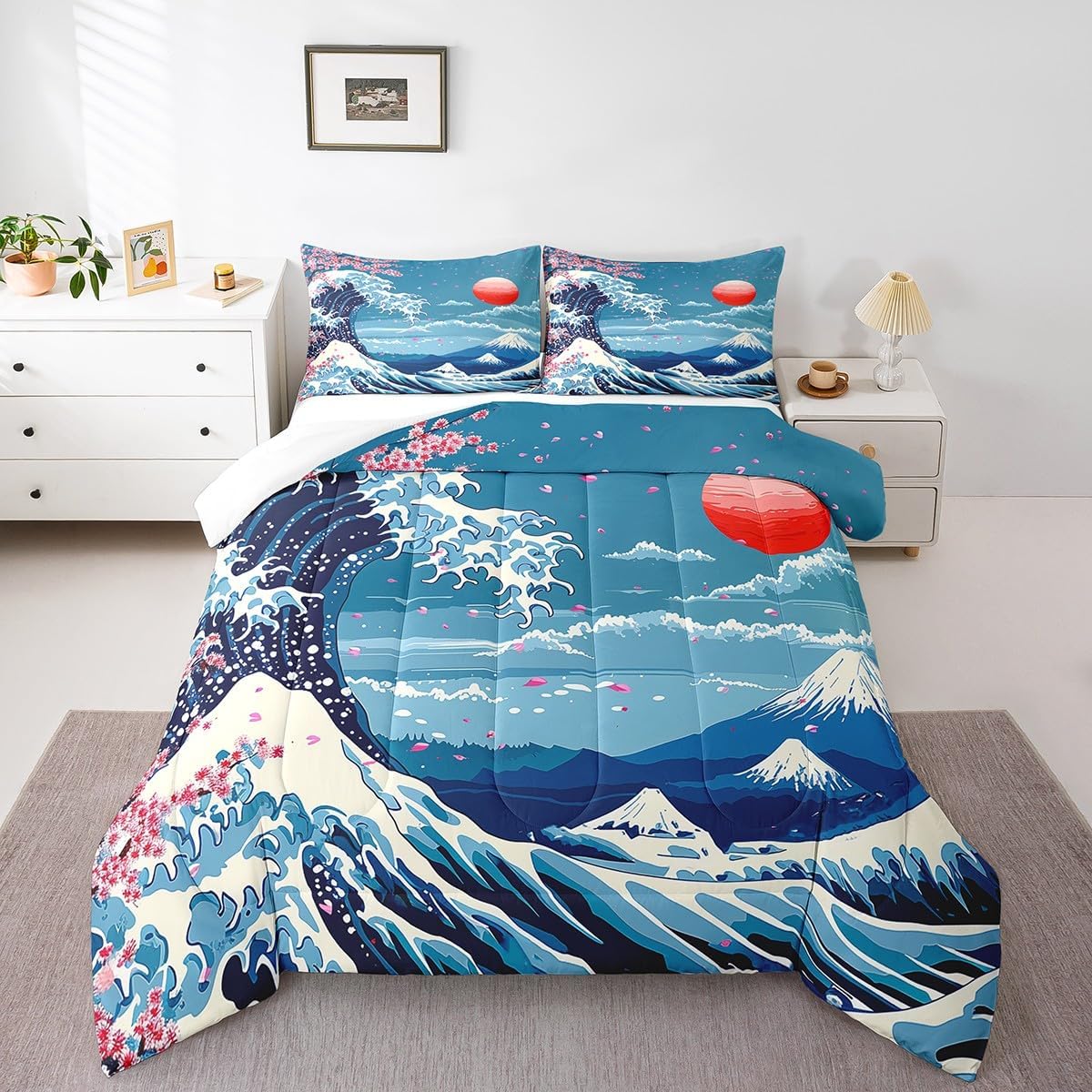 Castle Fairy Ukiyoe Ocean Queen Comforter Set,Japanese Style Cherry Blossom Down Alternative Comforter Adults Bedroom Decor,Blue Mountain with Sunrise Ultra Soft Microfiber Inner Fill 3Pcs Bedding