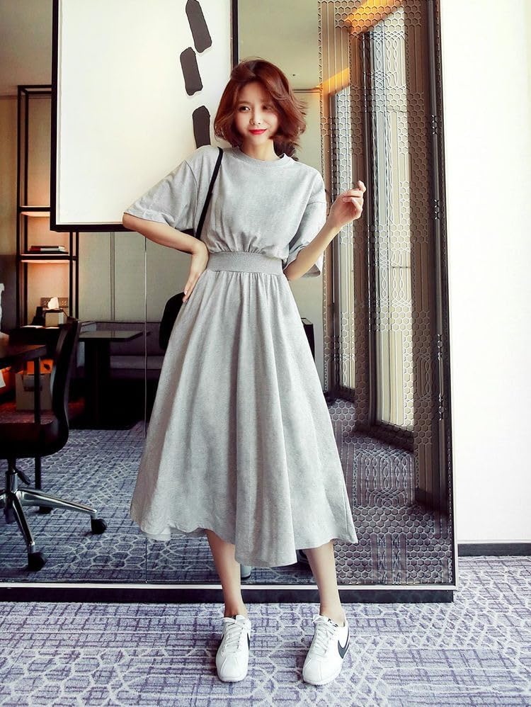 [アンリ] スポーティワンピース 半袖 ミモレ丈 ギャザーウエスト 速乾 シワになりにくい 着痩せ 夏物 レディース