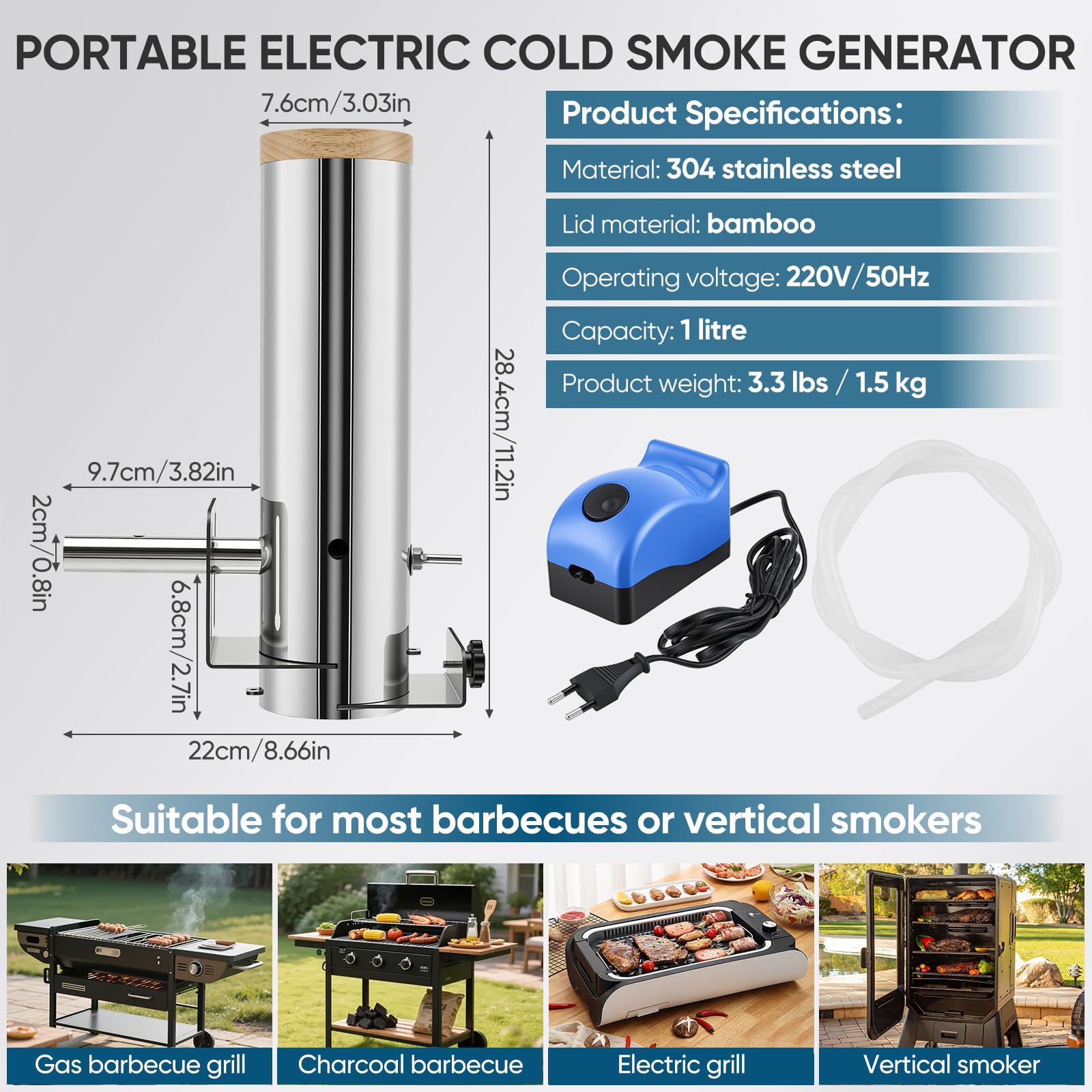 Generatore di fumo freddo in acciaio inox con pompa – Generatore di fumo per affumicatura a freddo di pesce, carne, formaggio, compatto e con fumo continuo fino a 4 ore