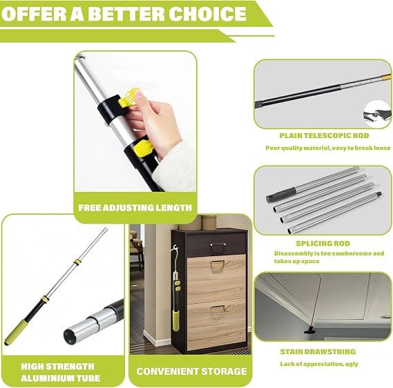 Extendable attic Pull Rod,attic Pull Down Hook,attic Ladder Pull Down Hook kit The Set Includes a 40-inch telescoping Rod, 1 Heavy-Duty Stainless Steel Pulling Ring, and 1 Storage Hook.