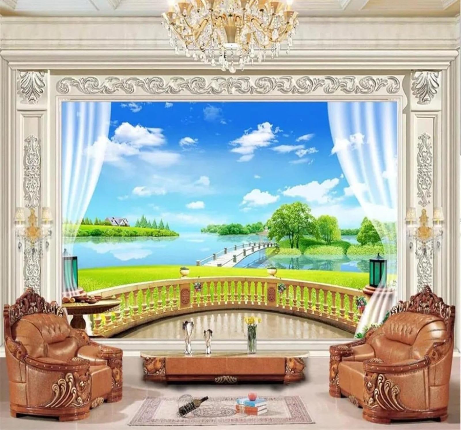 XLMING Beautiful Outdoors Balcony Lake Scenery 3D Wallpaper Silky Texture Home Study Office Grey Dining Room Sofa Bedroom Living Room TV Backdrop-430cm×300cm