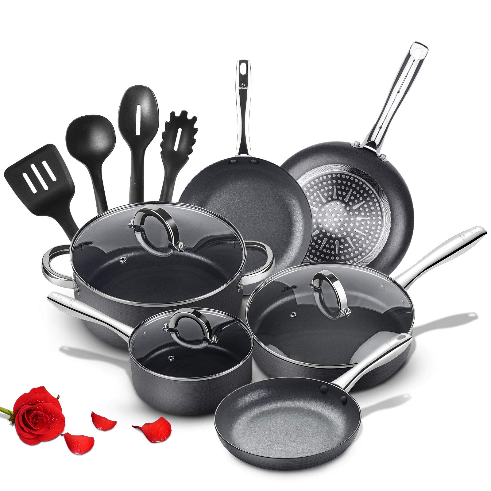 KUTIME 13pcs Hard Anodized Cookware Set Nonstick Pots and Pans Set Fry pans for Cooking, Stock Pot, Saucepan with Lid, Fry...