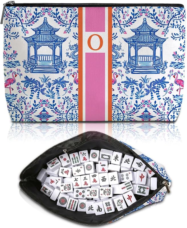 Necessaire para peças de Mahjong com inicial personalizada O Blue Leaves, estampa Camouflage, Multicolor 1426, 1 unidade