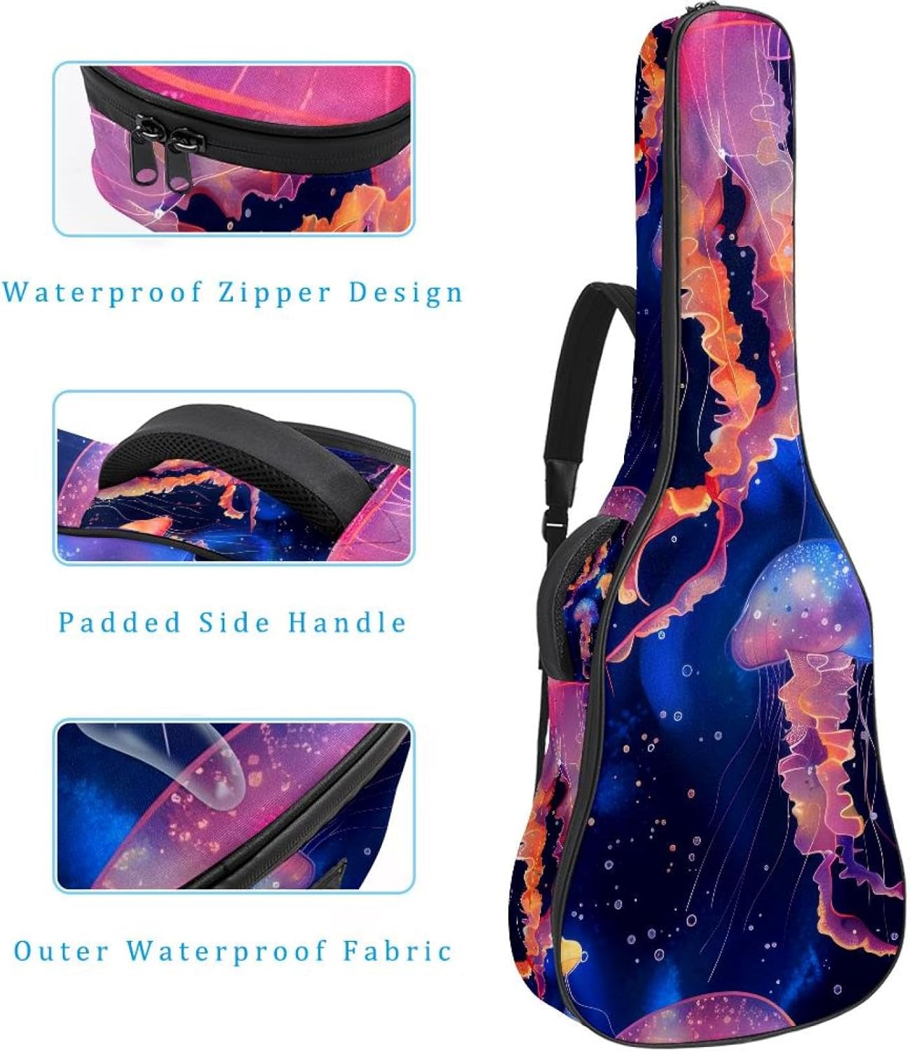 40 41 42 Inch Acoustic Guitar Bag, 0.4 In Thick Sponge Padded Guitar Case Gig Bag with Back Hanger Loop and 2 Pockets, Ocean Jellyfish Seamless