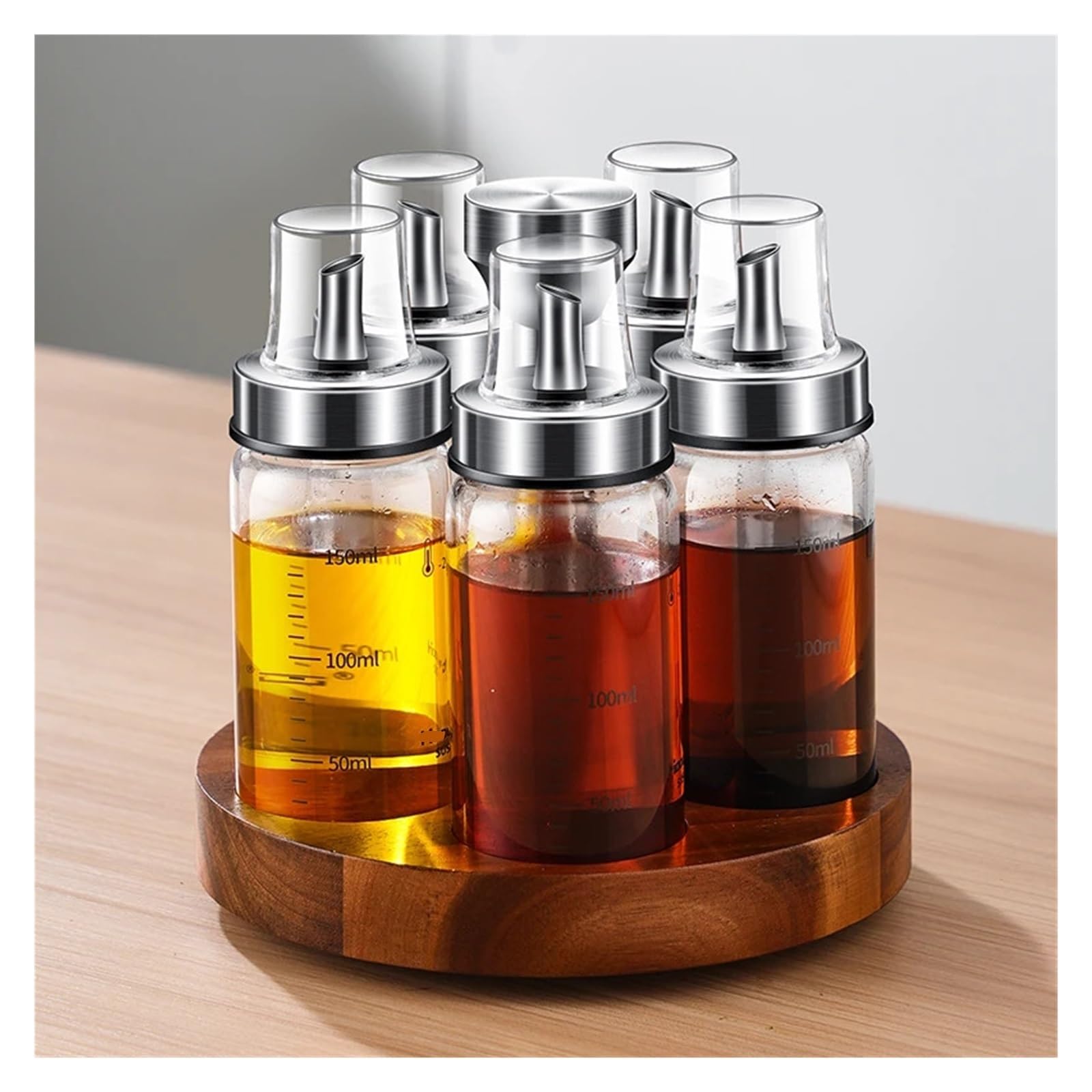 Drehbare Gewurzflaschen, Gewurzglaser aus Glas und Olflaschen | Drehbarer Sockel, temperaturwechselbestandig, fur Olivenol, Salz, Pfeffer und Gewurze(Apricot 5spice)