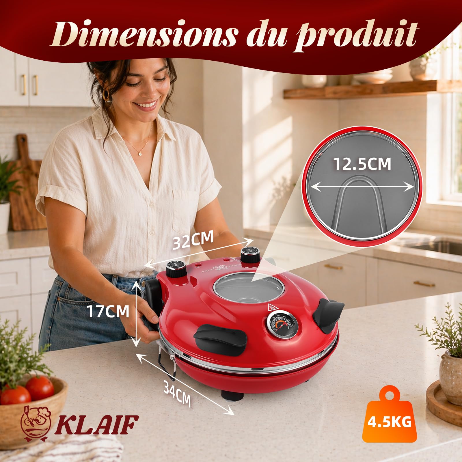 KLAIF Four à Pizza Électrique 420 °C, chaleur supérieure et inférieure réglables séparément, pierre à pizza en céramique 31 cm, 1200 W, four à pizza compact pour la maison, modèle LM-Rouge