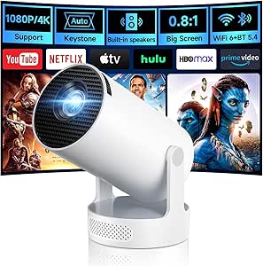 Kimwood Projector with Upgraded HiFi Speaker, [Built-in Apps] 1080P Mini Portable Projector Lower Noise Auto Keystone WiFi 6 Bluetooth 5.4 Ultra Short Throw Projectors for Big Screen in Small Room