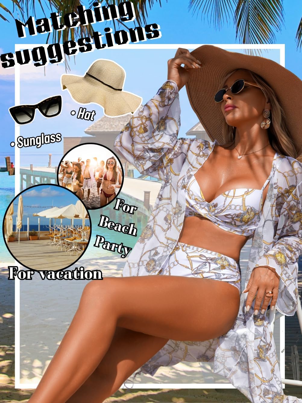 Women's 3 Piece Bikini Set with Mesh Cover Up, Sizes 0-14 Chain Print Underwire High Waisted Twist Front Swimsuit - Image 6