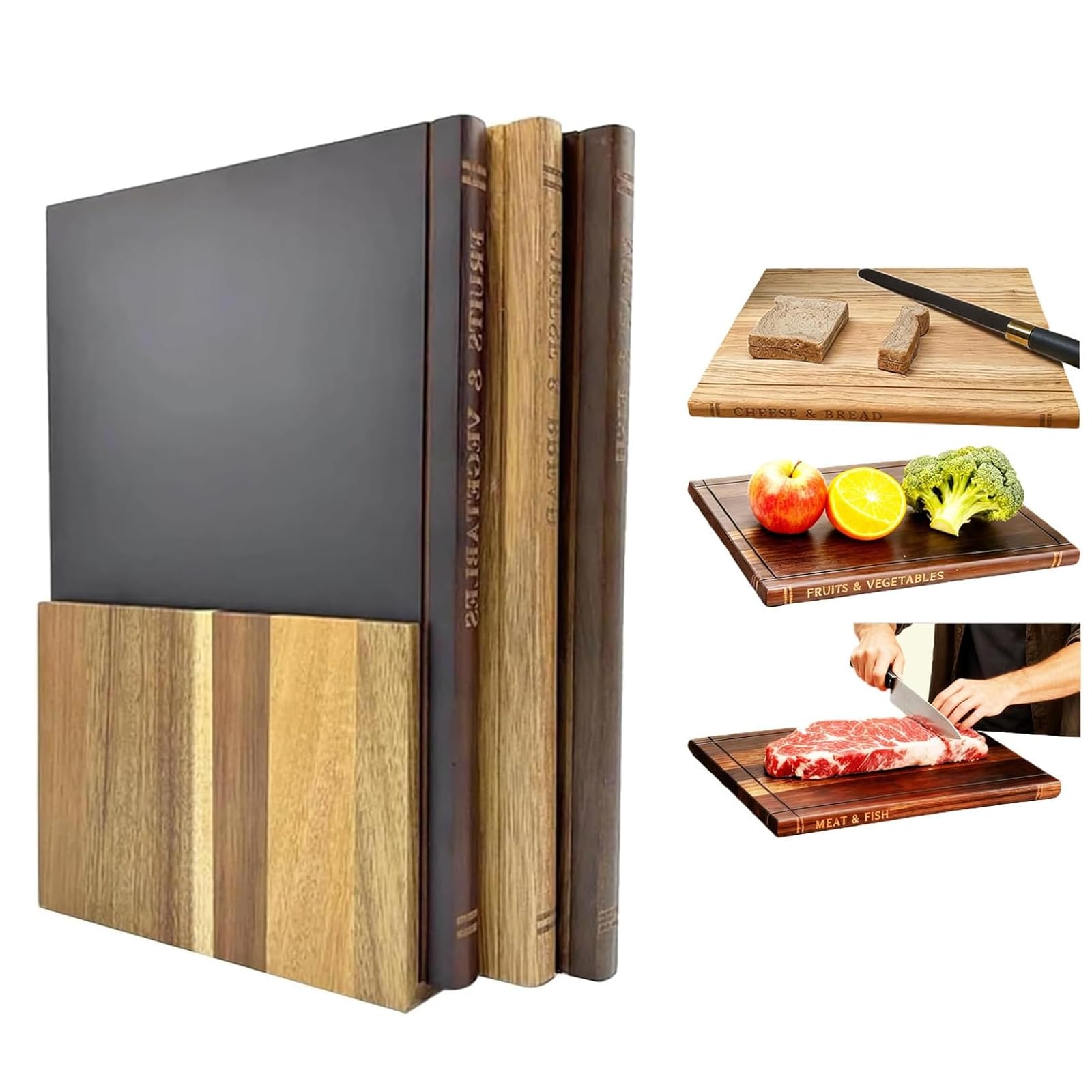 Planche à découper qui ressemble à des livres en bois avec support de cuisine
