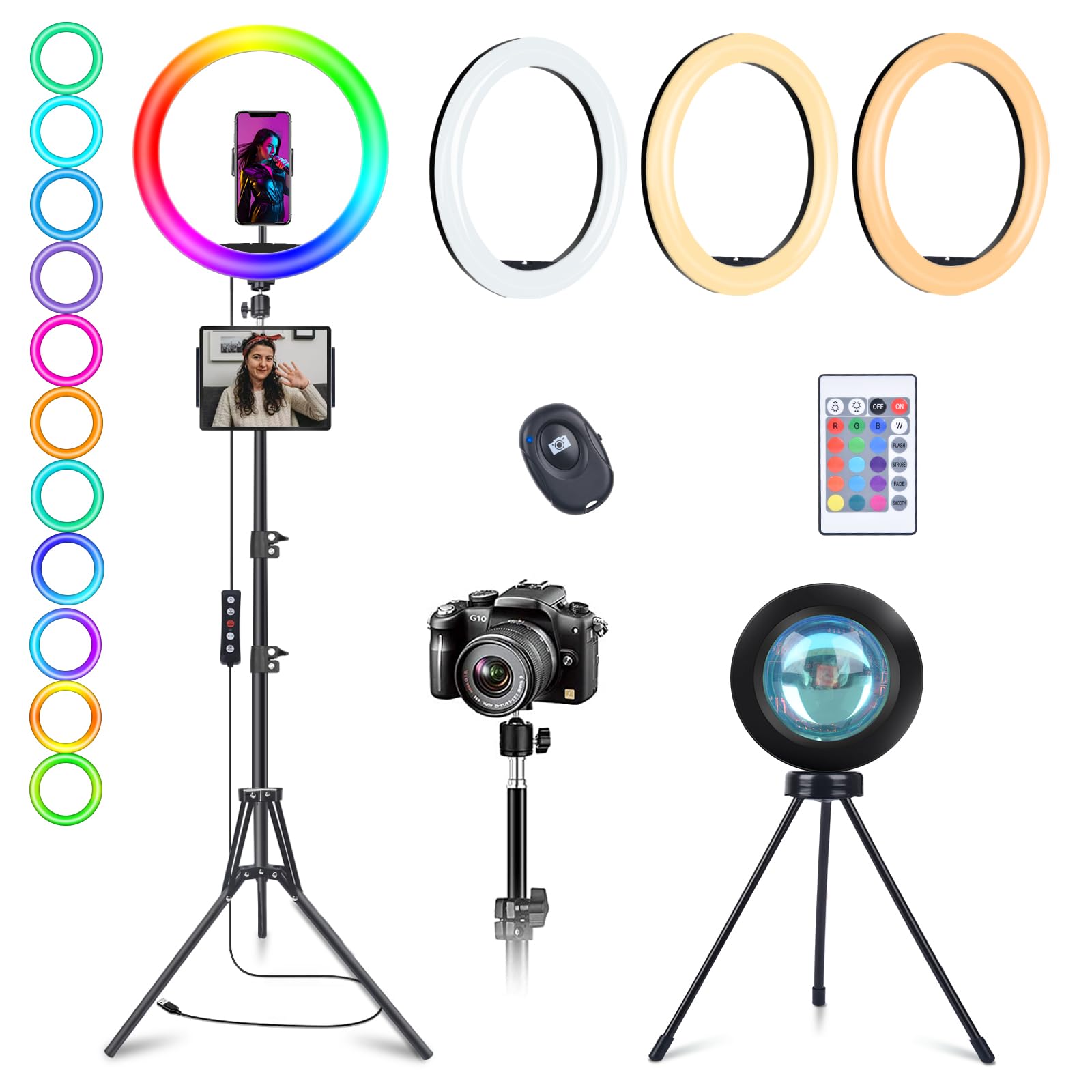13" Selfie Ring Light with Stand 76" Tall & Phone Holders,Sunset Lamp, Tablet Holder,Desk Tripod& 51 Color Modes, Ring Light Tripod for iPhone,Video