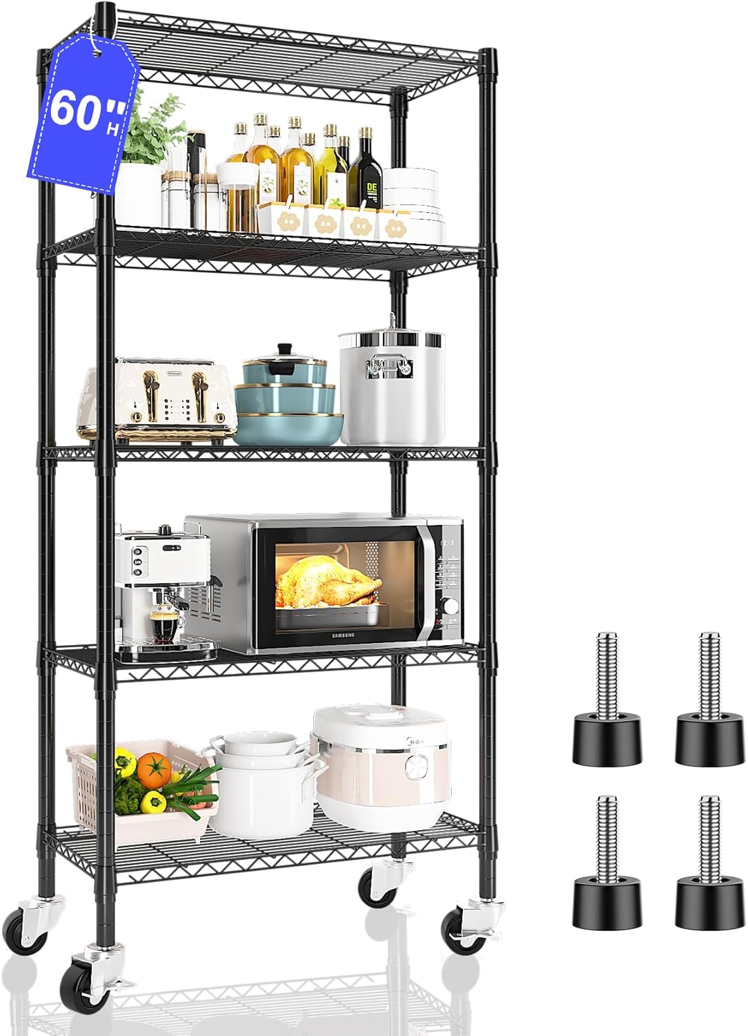 5 Tier Shelving Unit Wire Rack, Heavy Duty Adjustable Shelf Rolling Storage Shelves with Wheels, 14" D x 30" W x 60" H 750 lbs Capacity Kitchen Garage Pantry Shelves for Small Spaces 1 5T-14" x 30" x 60"