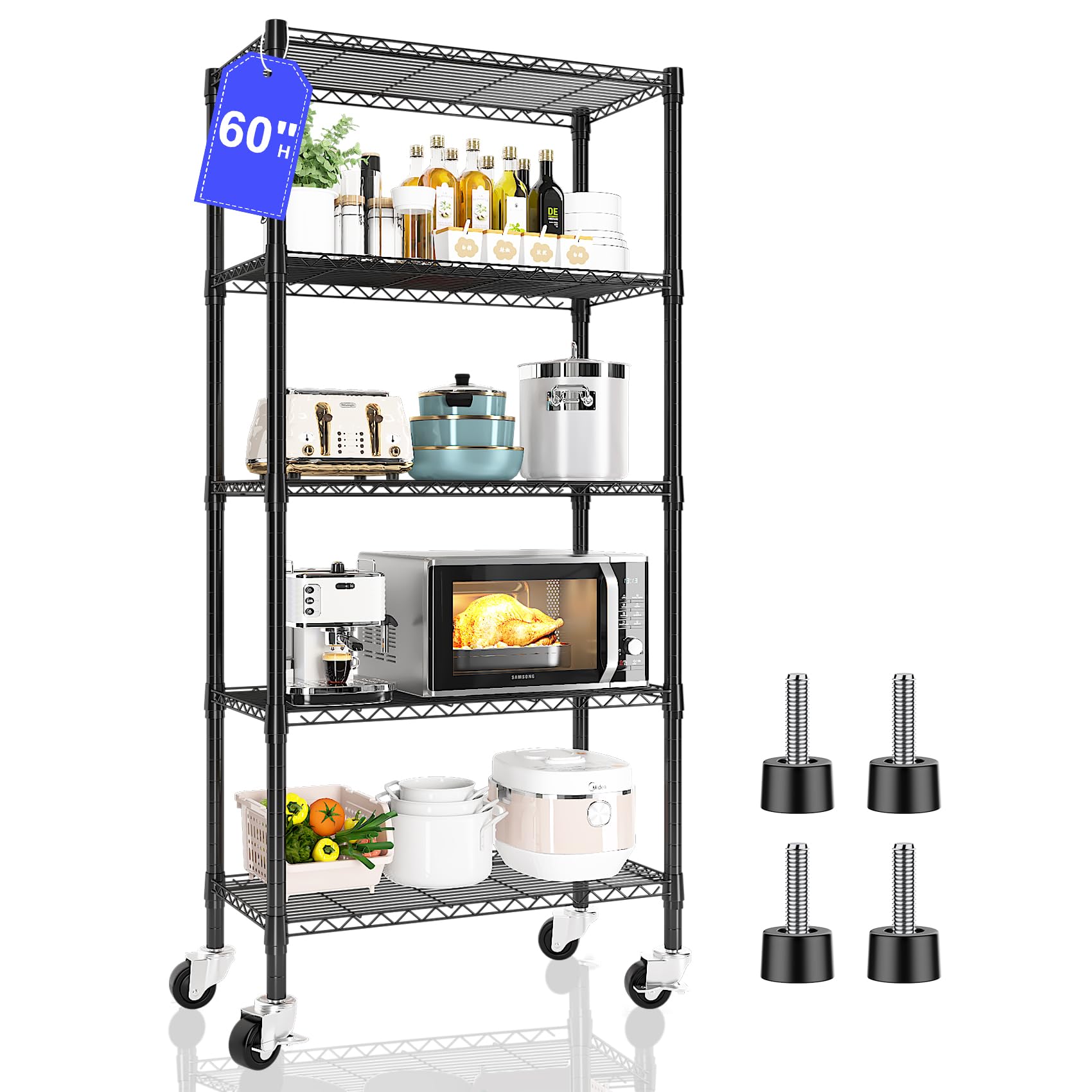 5 Tier Shelving Unit Wire Rack, Heavy Duty Adjustable Shelf Rolling Storage Shelves with Wheels, 14" D x 30" W x 60" H 750 lbs Capacity Kitchen Garage Pantry Shelves for Small Spaces