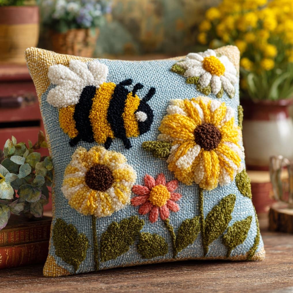 AxiangziK 43x43cm Latch Hook Pillow Craft Kit,Bees and Flowers