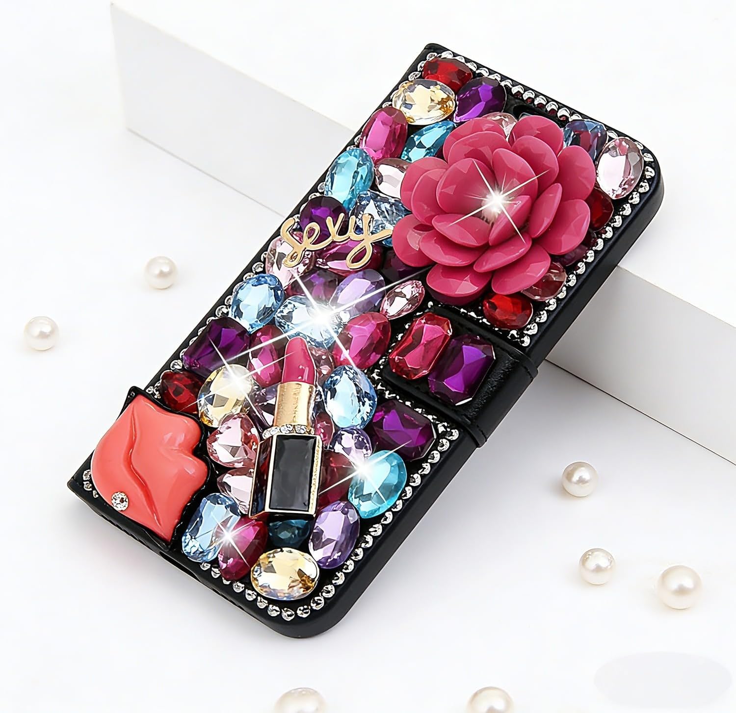 Glitter Wallet Case Compatible with iPhone 12 - Luxury 3D Girls Women Shiny Bling Handcrafted Leather Cover - Colorful Sexy Lips Lipstick Rose