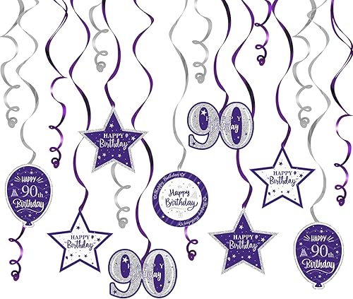 Miniatura 55 de Serpentinas de remolinos de cumpleaños feliz de 16 años con purpurina azul y plateada - Kit de 15 piezas de remolinos colgantes para el kit