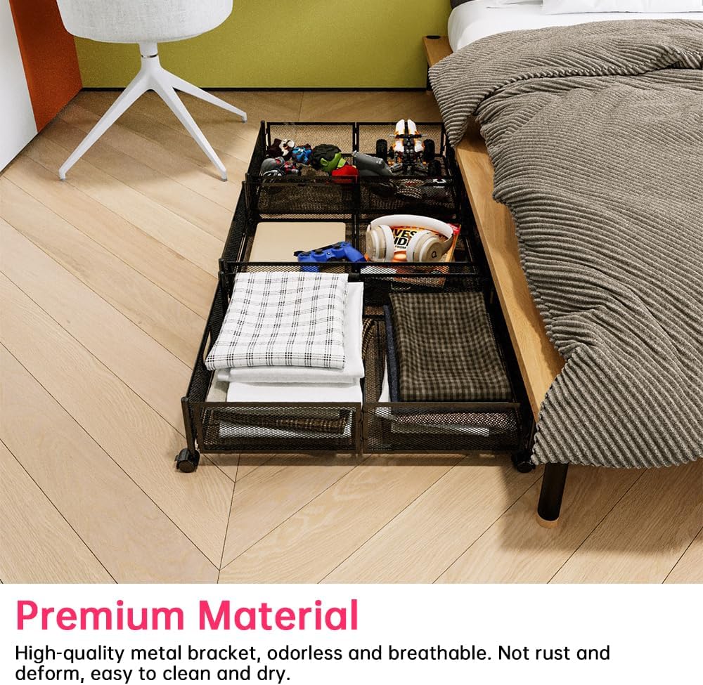 2 Pack Under Bed Storage Container with Wheels Multifunctional Home Dorm Clothes Books Shoes Storage Bins Visible Foldable Underbed Organizer Drawers with Handle