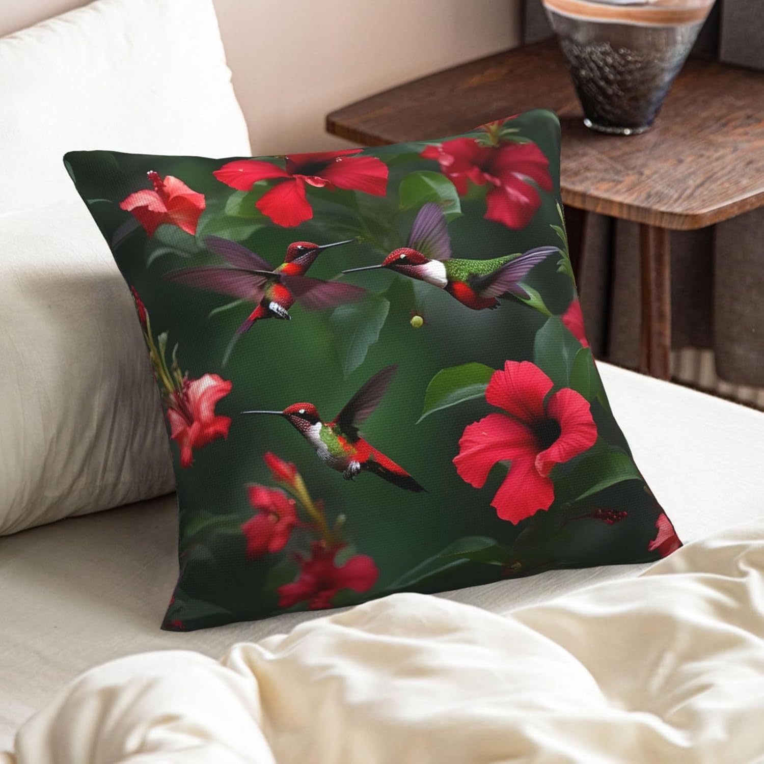 Hummingbirds Red Flower Hibiscus Imitation Linen Pillowcase -2 Sets, Fashionable Home Decoration, Used for Sofas, Gardens, beds