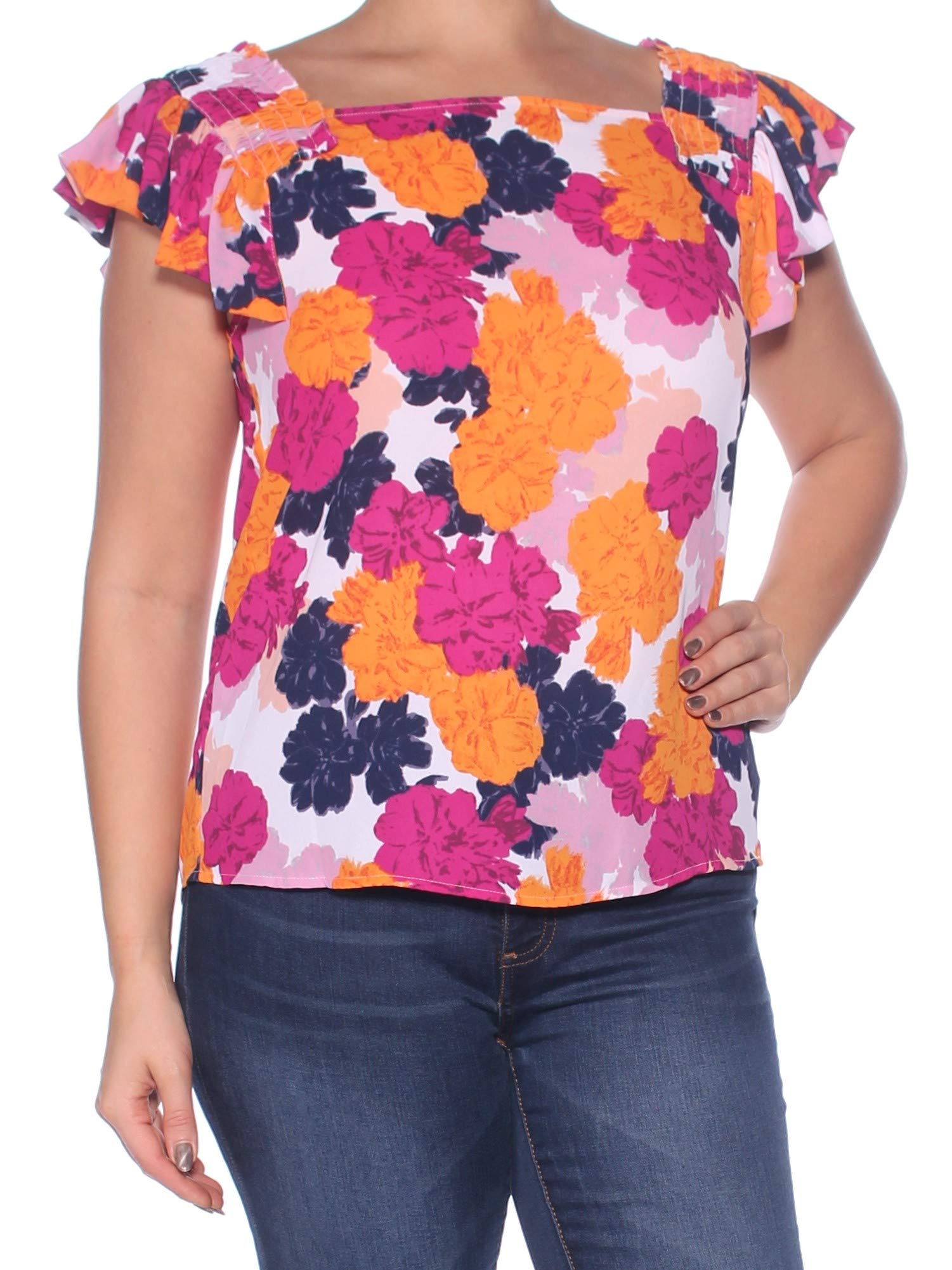 Maison Jules Womens Smocked Floral Print Pullover Top Pink L