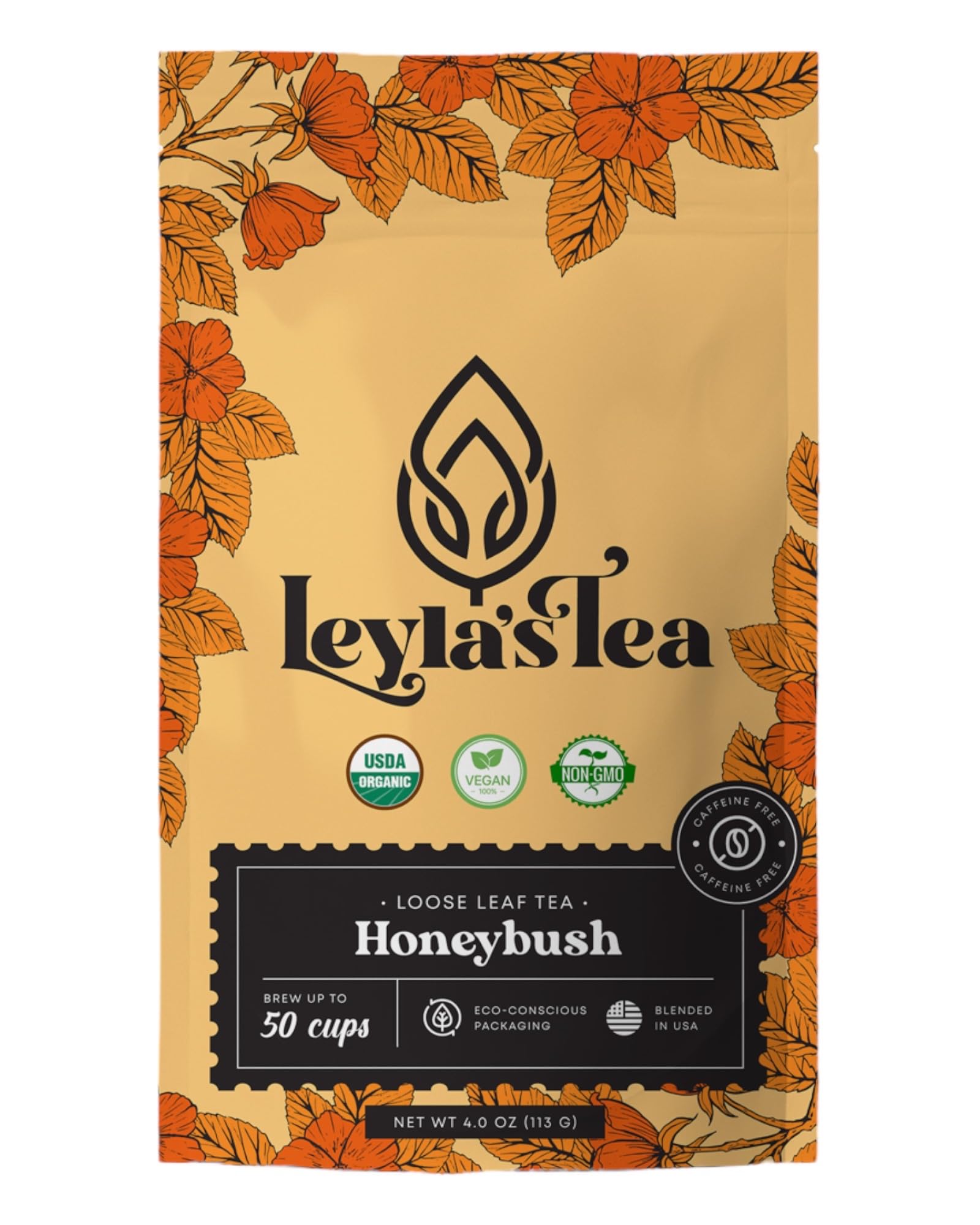 Organic Honeybush South African Herbal Tea Rooibos Loose Leaf Tea 4 OZ | Eco-Conscious Biodegradable Kraft Bag | by Leyla's Tea