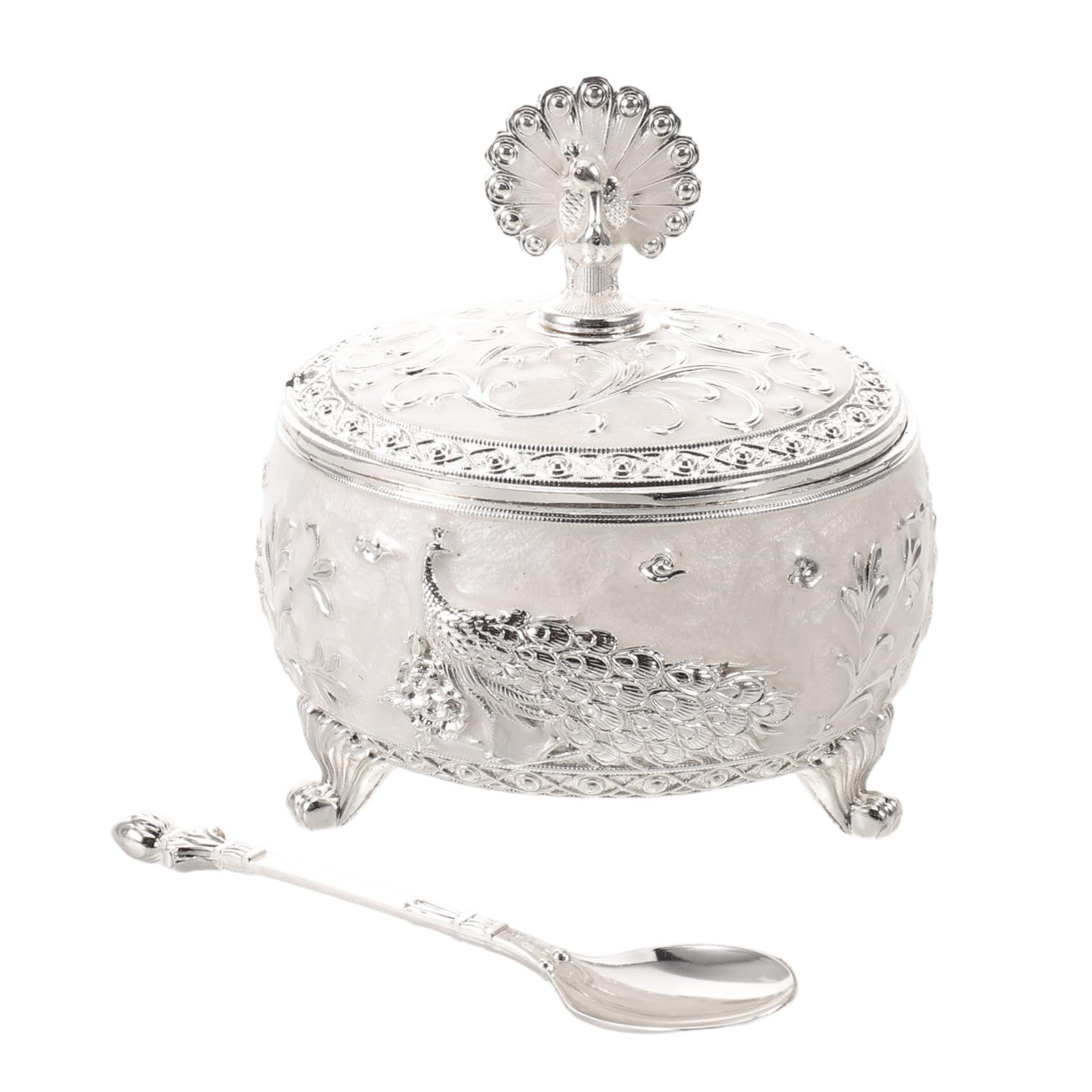 Zuccheriera da Cucina in Lega e Vetro con Coperchio e Cucchiaino, Design retrò Raffinato a Forma di Pavone, Facile da Pulire con Apertura per Piano Cucina