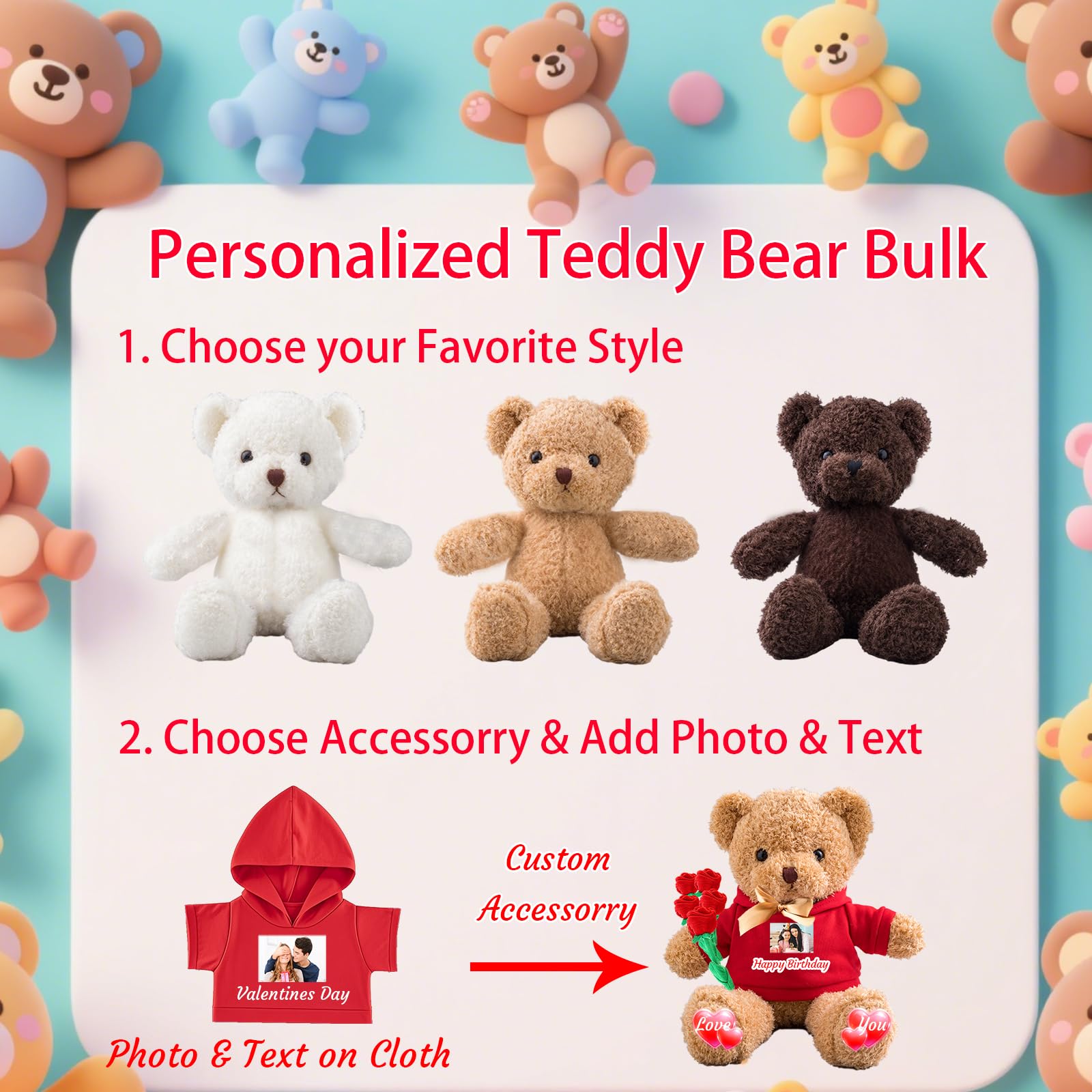 8 Osos de Peluche Personalizados de 30cm con Foto y Texto, Ideal para San Valentín, Cumpleaños, Baby Shower, Boda, etc