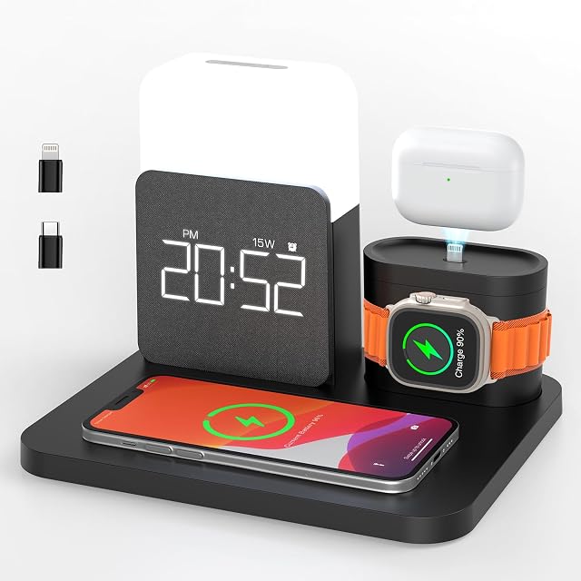 7 in 1 Charging Station for iPhone, Alarm Clock, Night Light, Wireless Charger for iPhone 16 15 14 13 12 11 X Pro Max & Apple Watch - Charging Stand Dock for AirPods