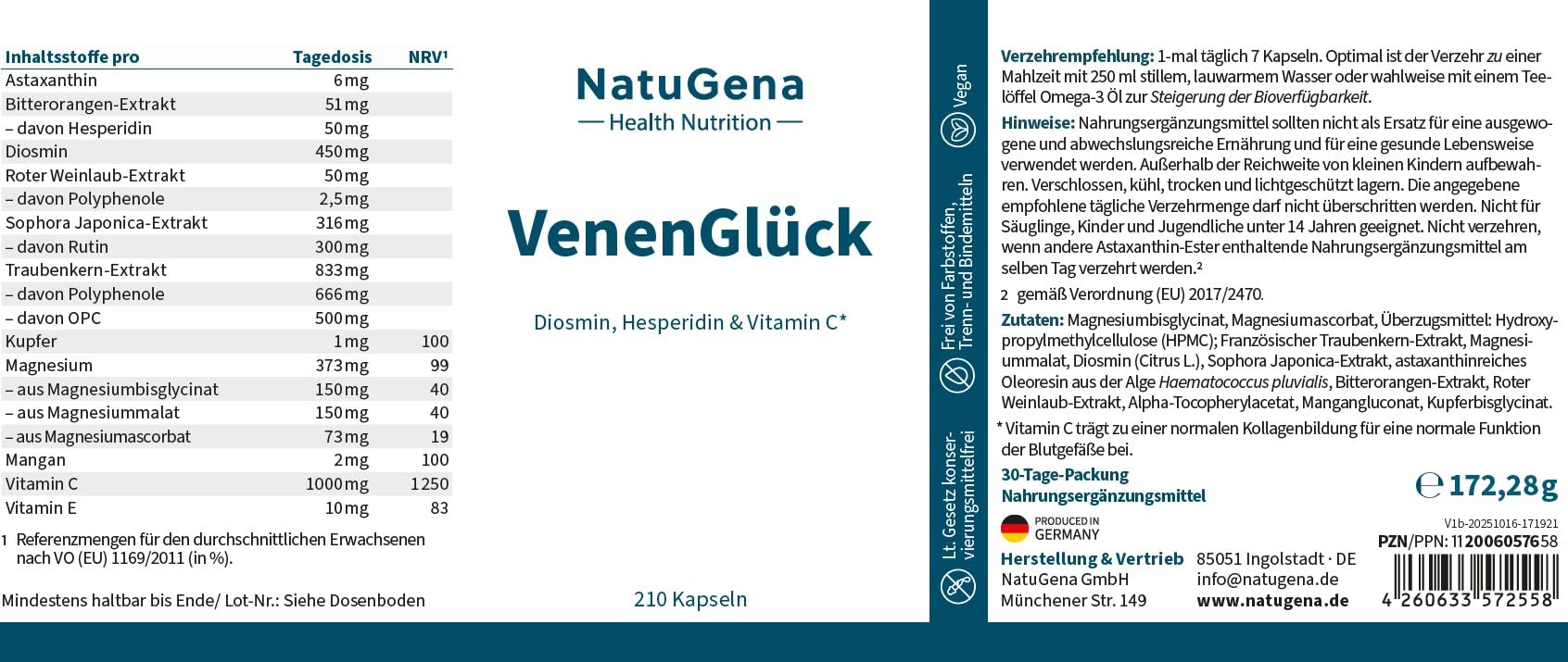 NatuGena VenenGlück, wertvolle Pflanenextrakte Traubenkern, Rotes Weinlaub und Sophora Japonica, Diosmin, Hesperidin & Vitamin C, Vitamin E, Kupfer, Rutin & OPC, 210 Kapseln (30 Tage Packung)