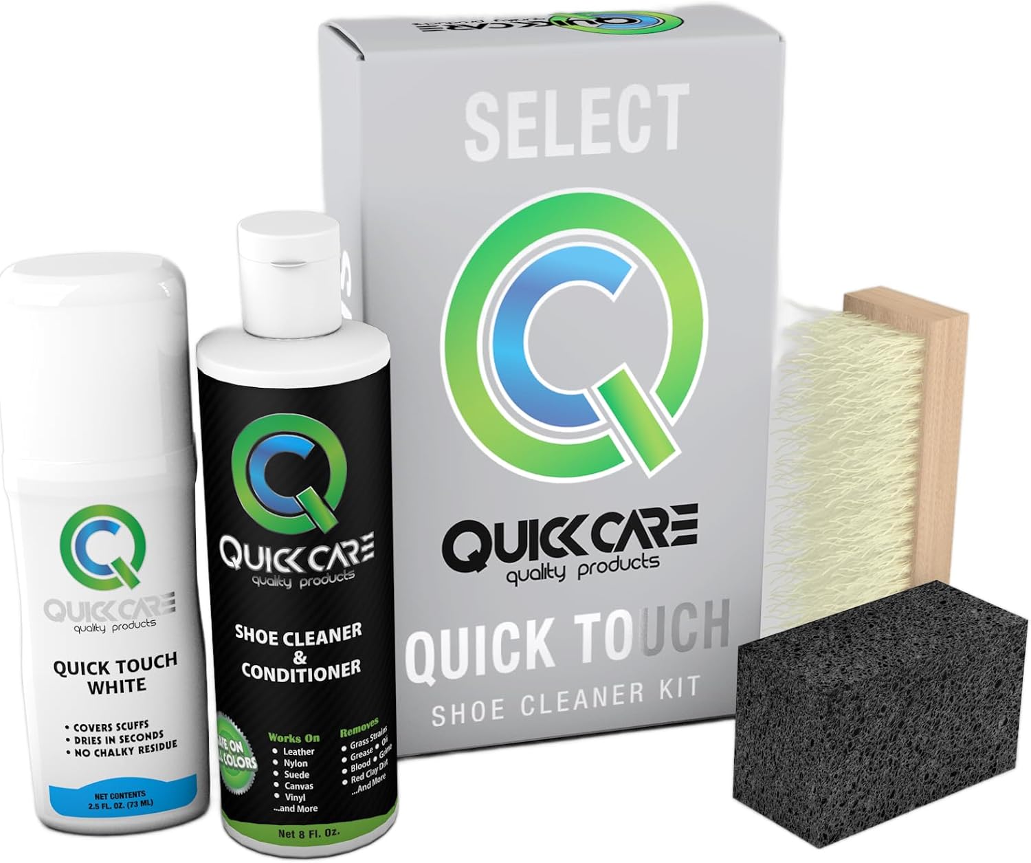 QuickCare Shoe Cleaner Kit for Sneakers - 2.5 Oz White Foam Spray to Cover Scuffs & Stains, Cleaner, 8 oz Conditioner for Leather, Nylon, Suede, Ultimate Shoe Care Set for All Footwear Types