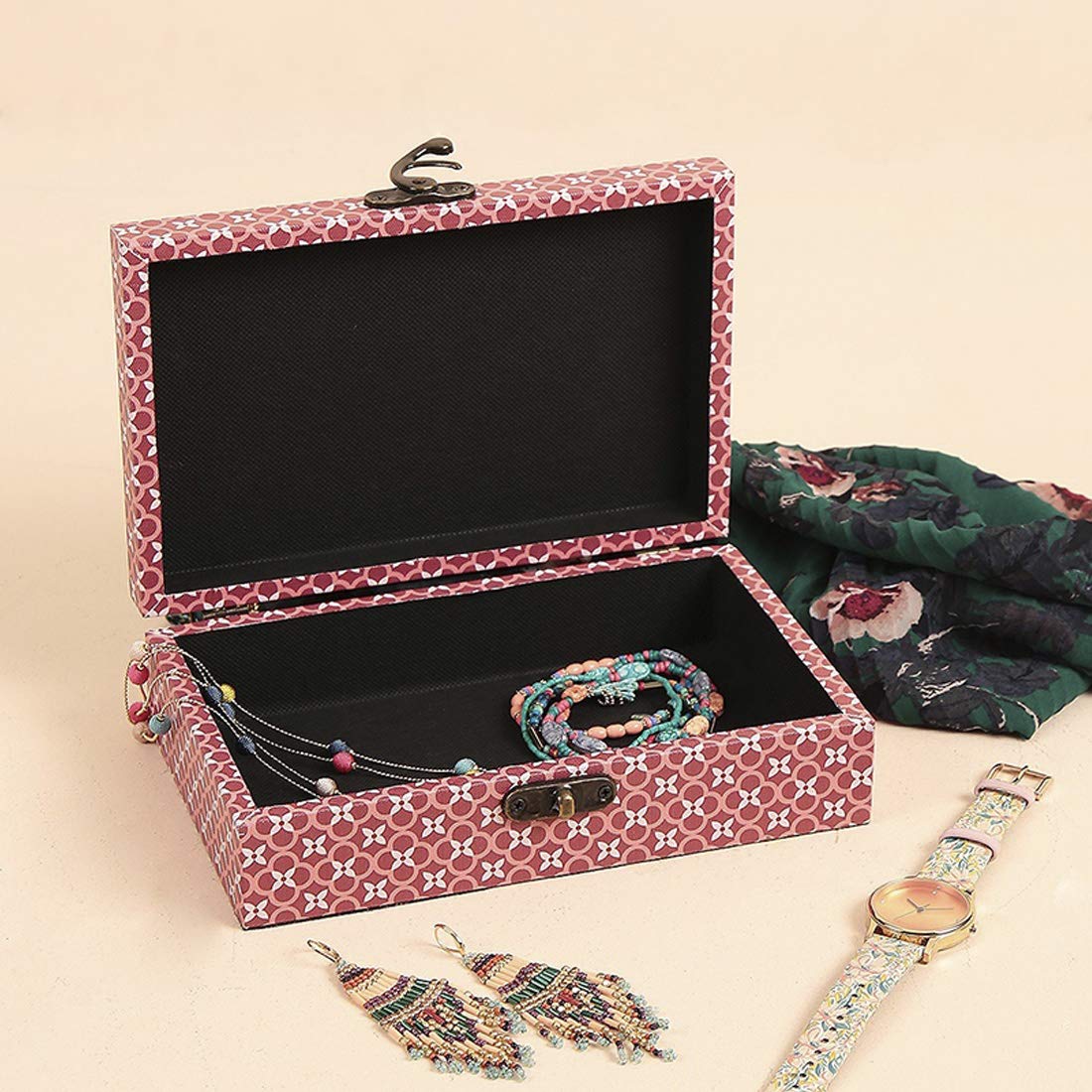 Chumbak Jewelry & Accessories Storage Box for Women | Engineered Wood Organiser with Lock | Pink Scenic Route Print | Gift for Her