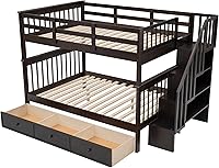 Vista 6 de Harper & Bright Designs Litera de tamaño matrimonial sobre matrimonial con 3 cajones, litera de madera maciza con almacenamiento y riel