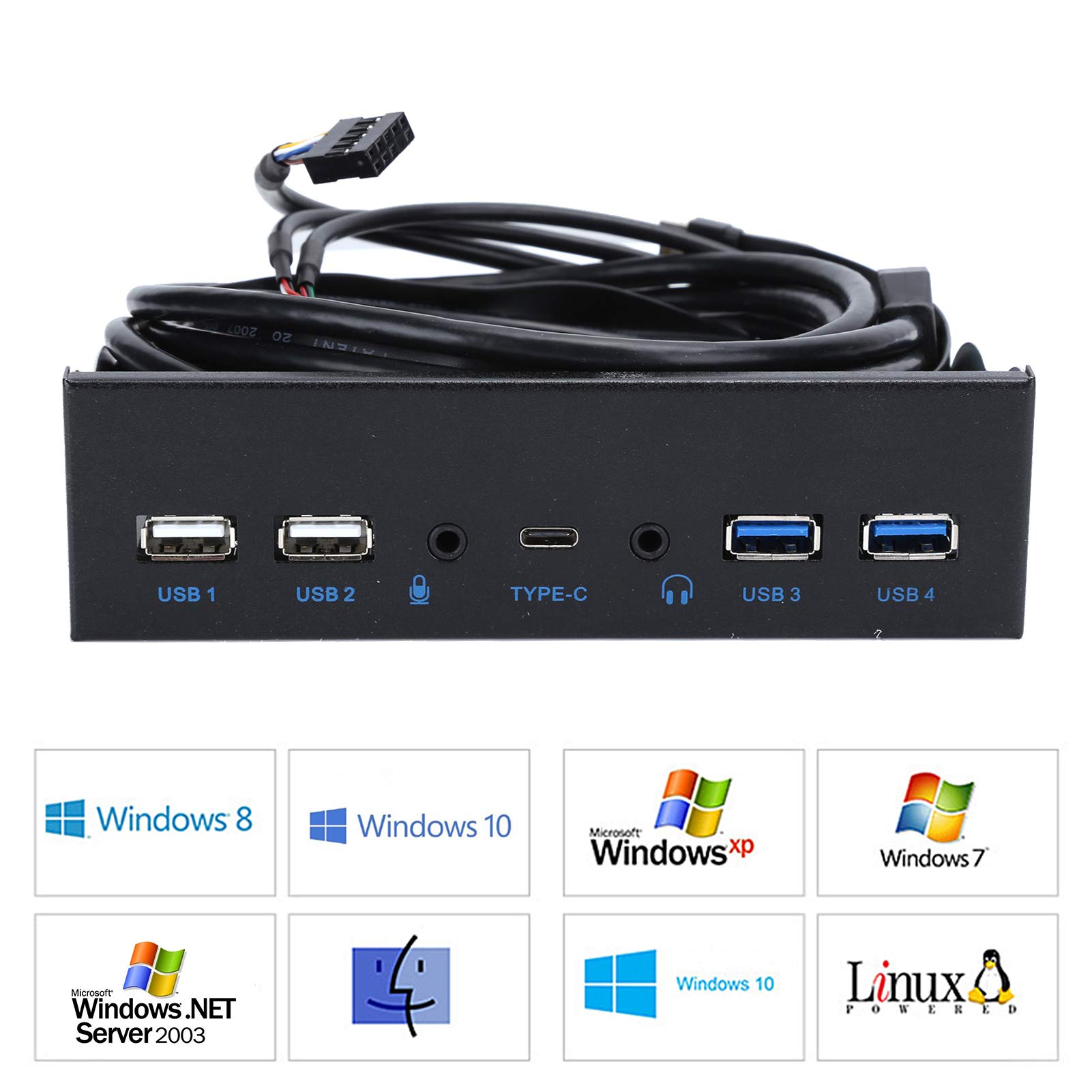 Pannello frontale USB extra, hub USB con 2 porte USB 3.0/2 porte USB 2.0/uscita audio ingresso microfono porta USB C, unità ottica 5,25 pollici pannello scheda di espansione del computer per desktop