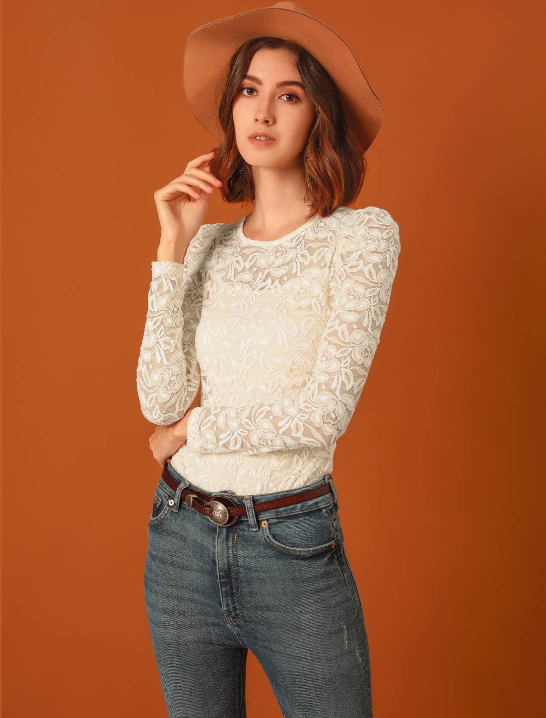 Allegra K Women's Long Sleeve Lace Top Mesh Sheer Fitted Elegant Blouse - Image 3