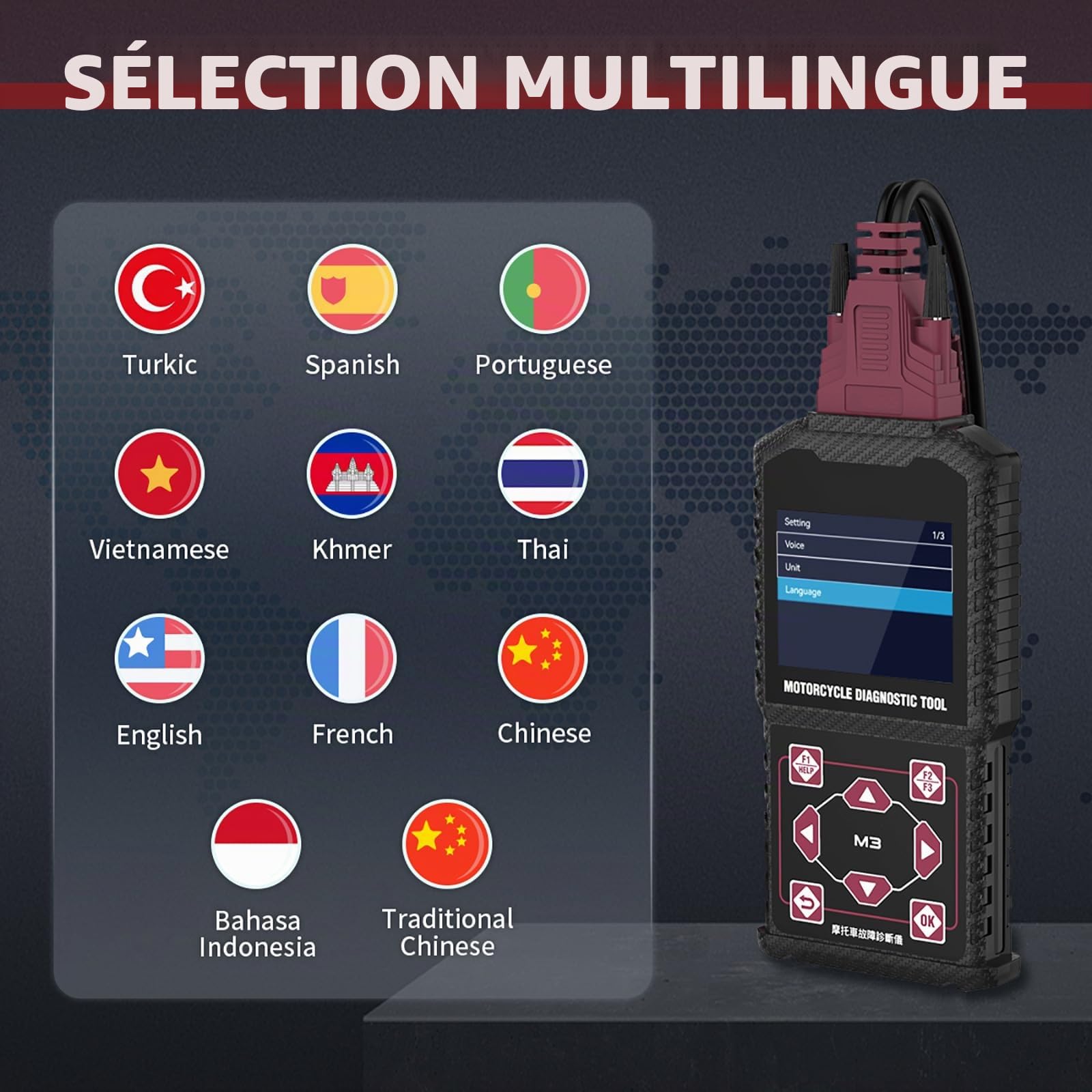 Outils de Mesure de Test de Diagnostic du système de Moto OBDII Lecteurs de Code d’Erreur de Moto Outils d’Analyse adaptés pour Yamaha 2/3/4P,KYMCO,SYM,OBDII