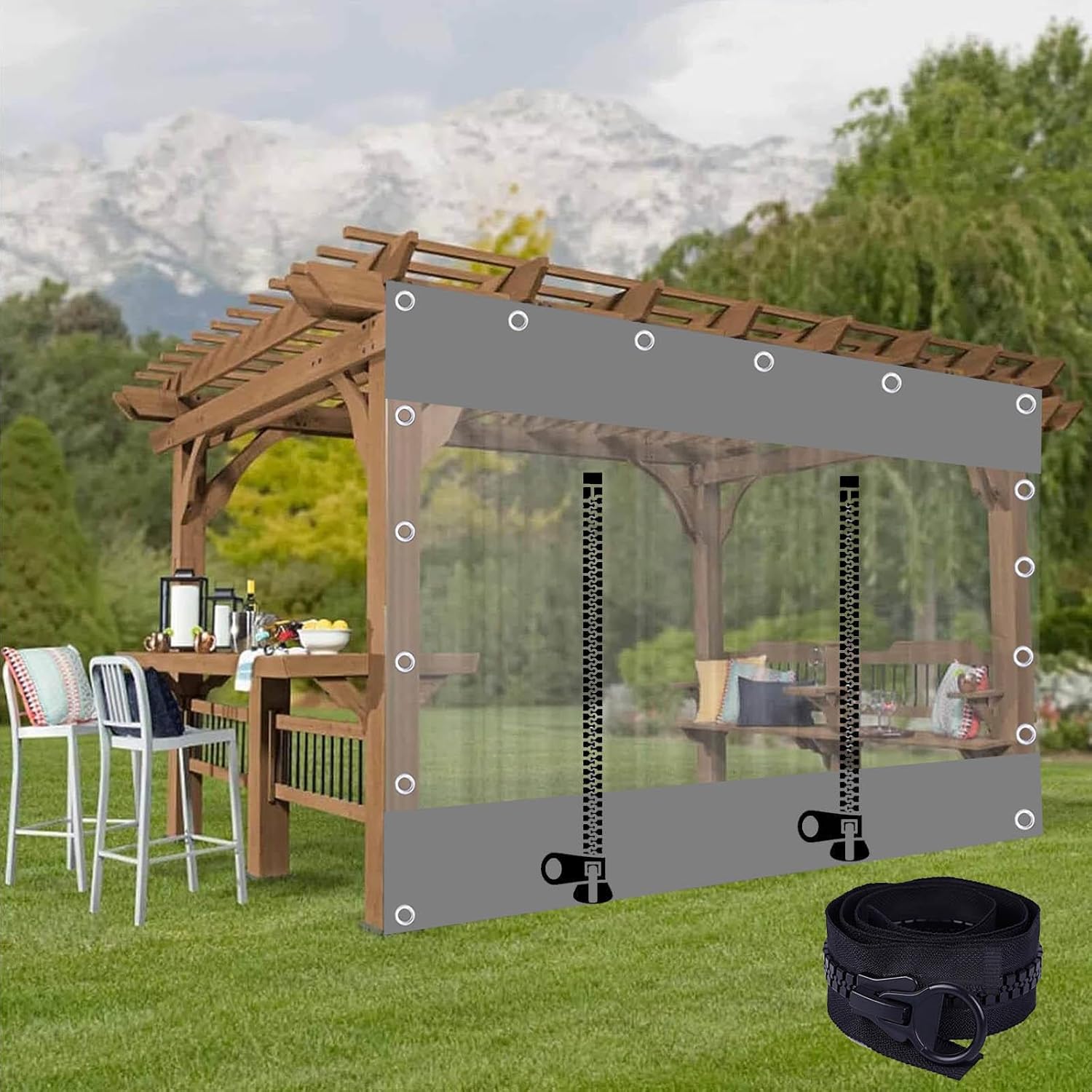 Outdoor Clear Tarp Curtains Waterproof,Grey Transparent Tarpaulin Side Panels With Zip Doors,Pvc Weatherproof Tarpaulin With Grommets,for Patio Porch Carport Pergola Gazebo,W×H-1×2m(3.3*6.6ft)