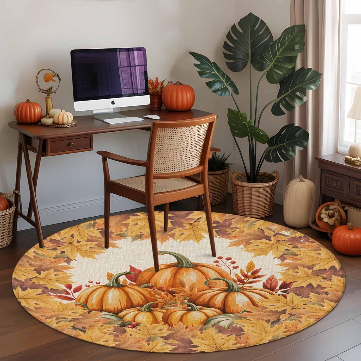 Orange Pumpkin Fall Round Rug 3ft Washable Circle Entryway Rugs Non Slip Thanksgiving Maple Left Botanical Autumn Area Rug Indoor Floor Carpet for Bedroom Kitchen Living Room Office Dining Room