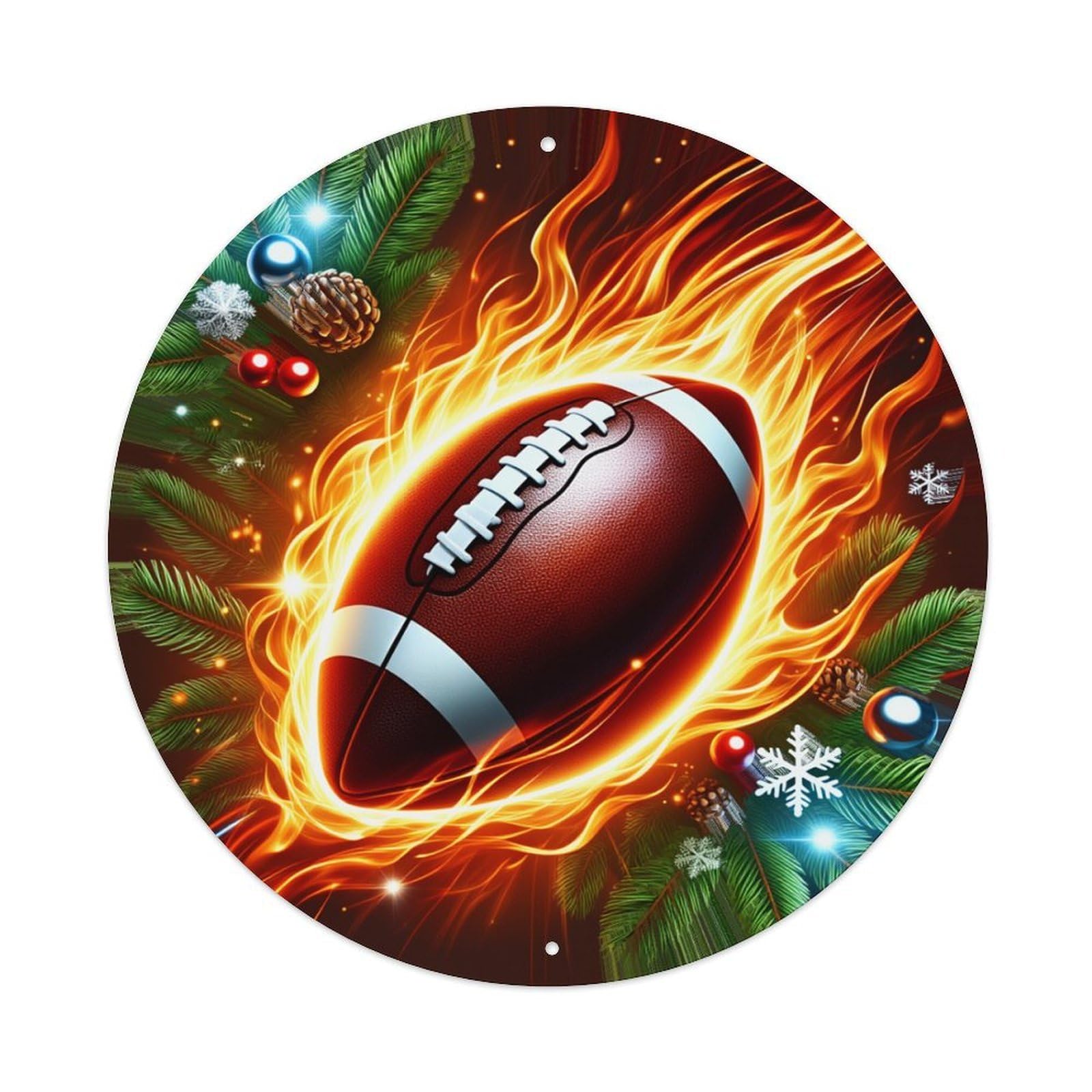 Football Flames Christmas Pine Snowflake Round Tin Sign Retro Metal Sign for Cafe Bar Pub Home Game Room Gym Club Wall Decoration Vintage Metal Poster 8x8 Inch