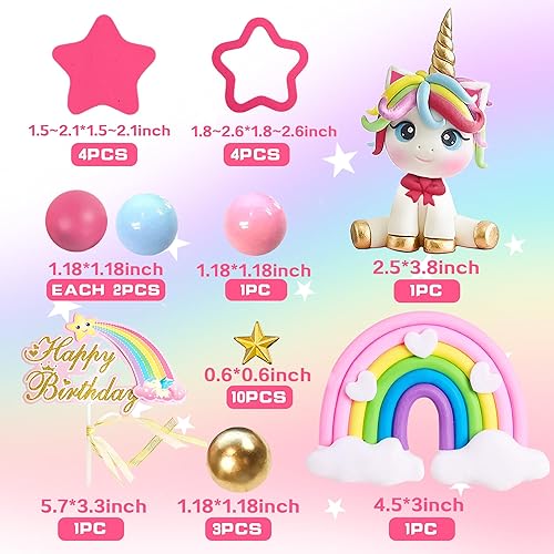 Miniatura 2 de 29 adornos para tartas de unicornio, decoración de pastel de arcoíris con estrellas arco iris, bolas de unicornio, decoraciones de pastel de feliz
