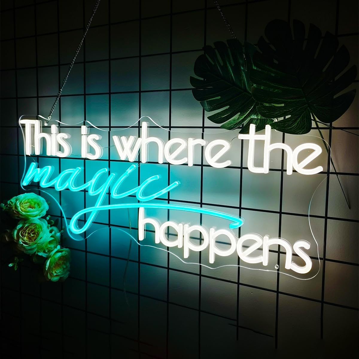 This Is Where The Magic Happens Neon Sign Large, 25.6x10.4 Inch This Is Where The Magic Happens Neon light with Remote Dimmer, Neon Signs for Wall decor, Wedding, Christmas Party, White-Ice Blue