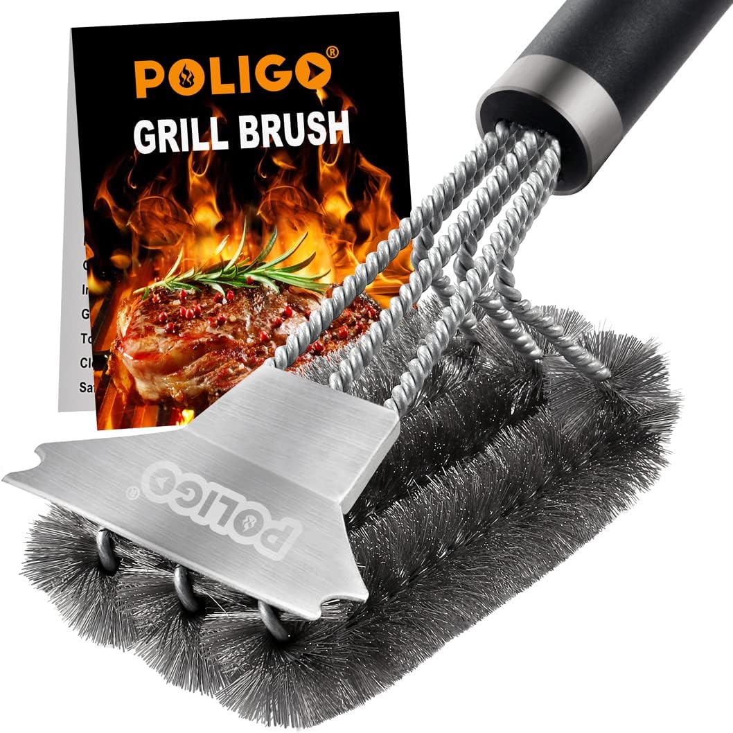 - POLIGO Safe Grill Brush and Scraper with Deluxe Handle - 18" Grill Cleaner Brush Stainless Steel Bristle Grill Brush for Outdoor Grill Wizard Grate - BBQ Brush for Grill Cleaning Ideal Grilling Gifts