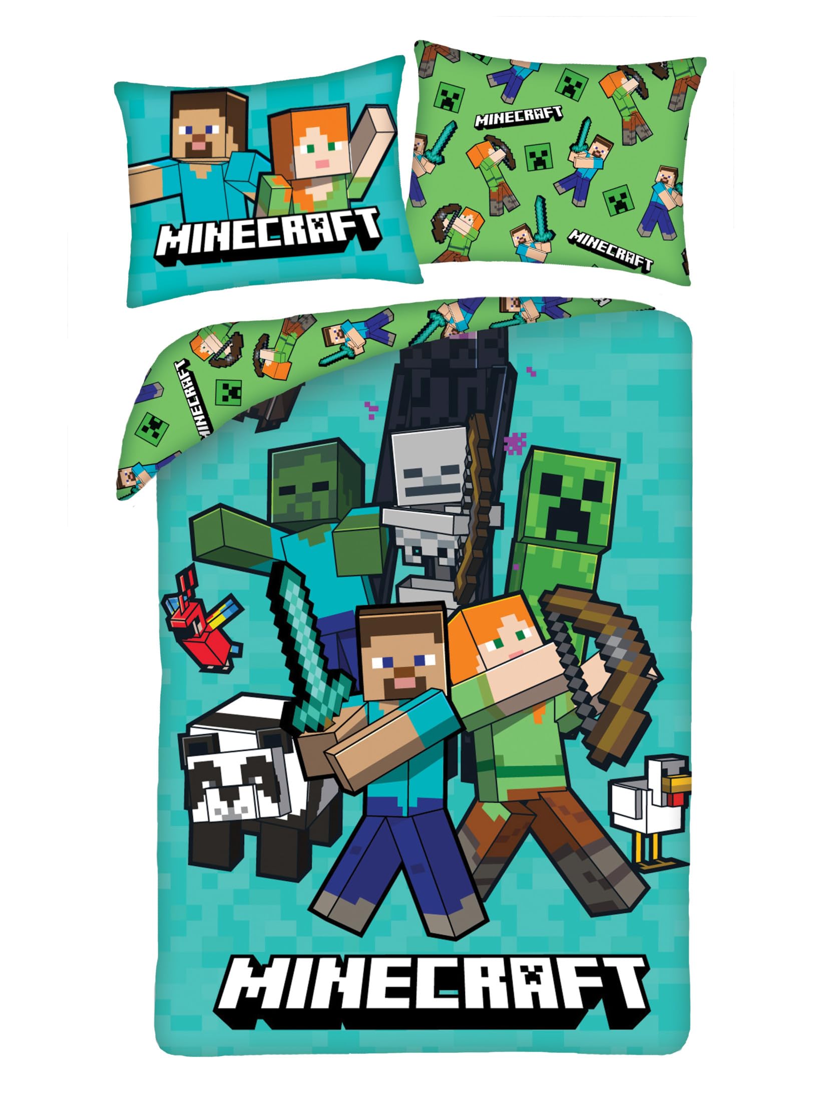 Minecraft Single Duvet Cover 140x200 + Pillowcase 70x90 Steve Alex Creeper