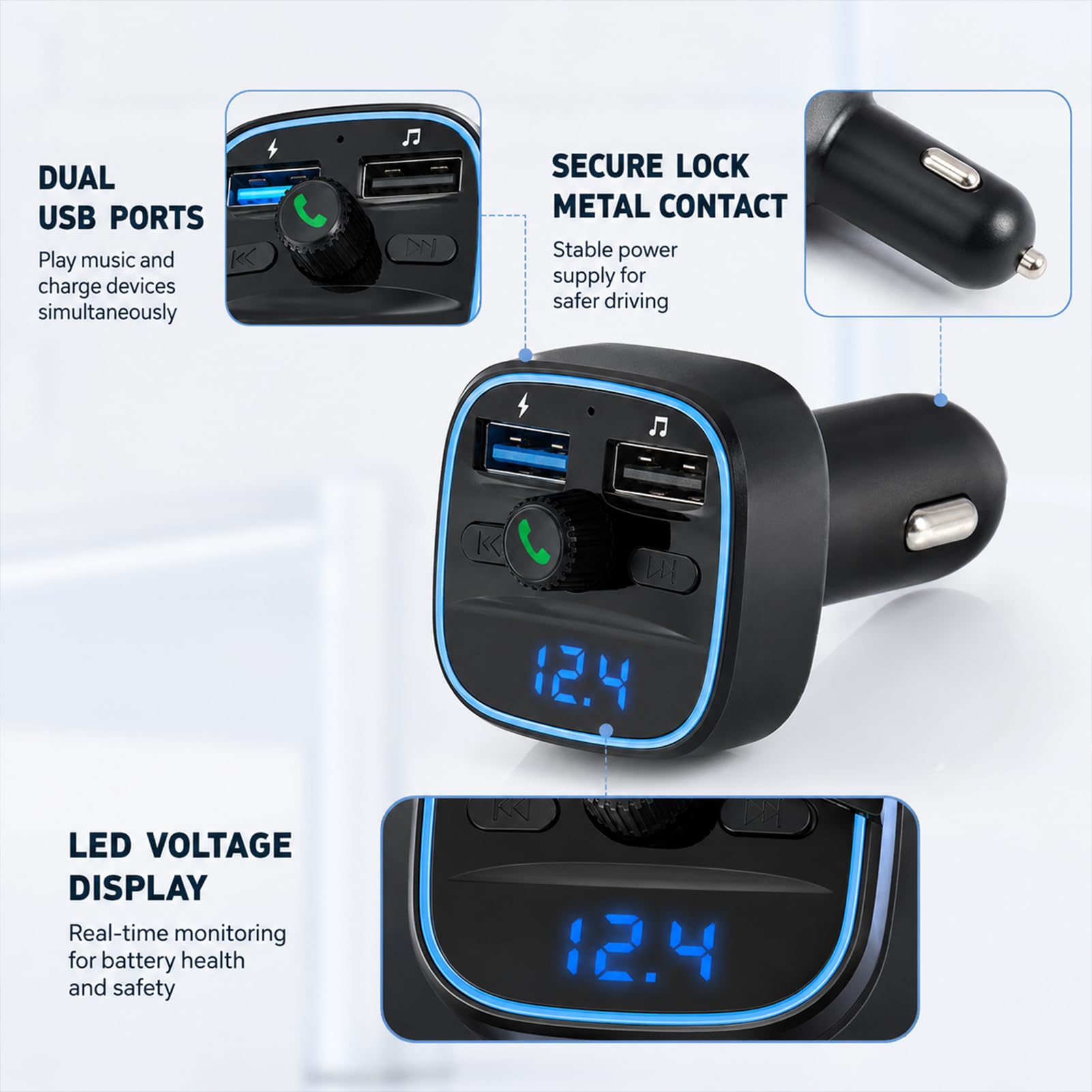 Bluetooth FM-Transmitter, Auto Bluetooth-Adapter mit Doppel-USB-Port 5V 2,4A/1A, Freisprecheinrichtung, USB- & SD-Karten-MP3-Player, Batteriespannungsanzeige, Kabelloses Audio-Autoladegerät