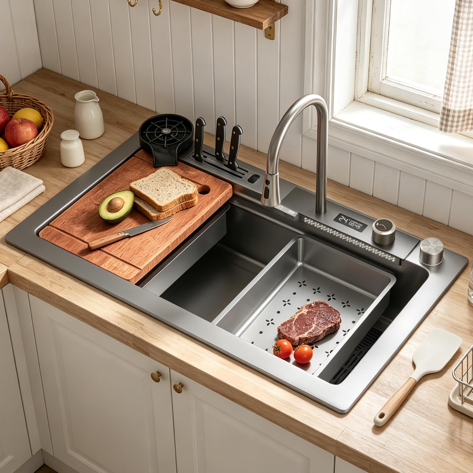 ZQFHSX Stainless Steel Waterfall Kitchen Sink Combo With Pull-Out Faucet Nano-Coated Topmount Single Bowl Workstation Accessories, Pressure Pot Washer, Cutting Board, Draining Basket(Grigio,75x45cm