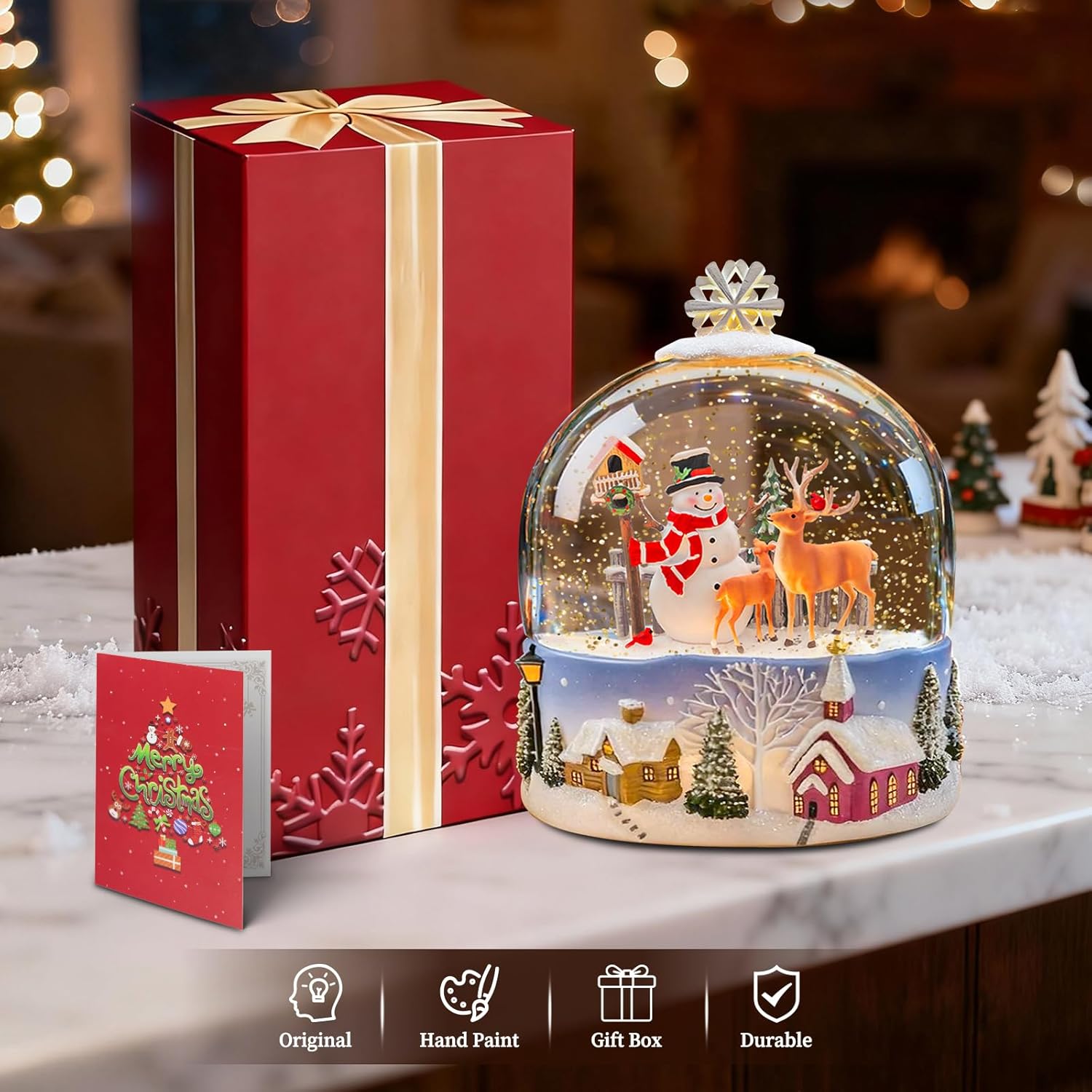Snowman Christmas Snow Globe Lantern - Musical Snow Globes That Light Up with Cardinal Reindeer and Pine Trees, LED Glitter Water Spinning Decoration Gift Music Box - Image 2