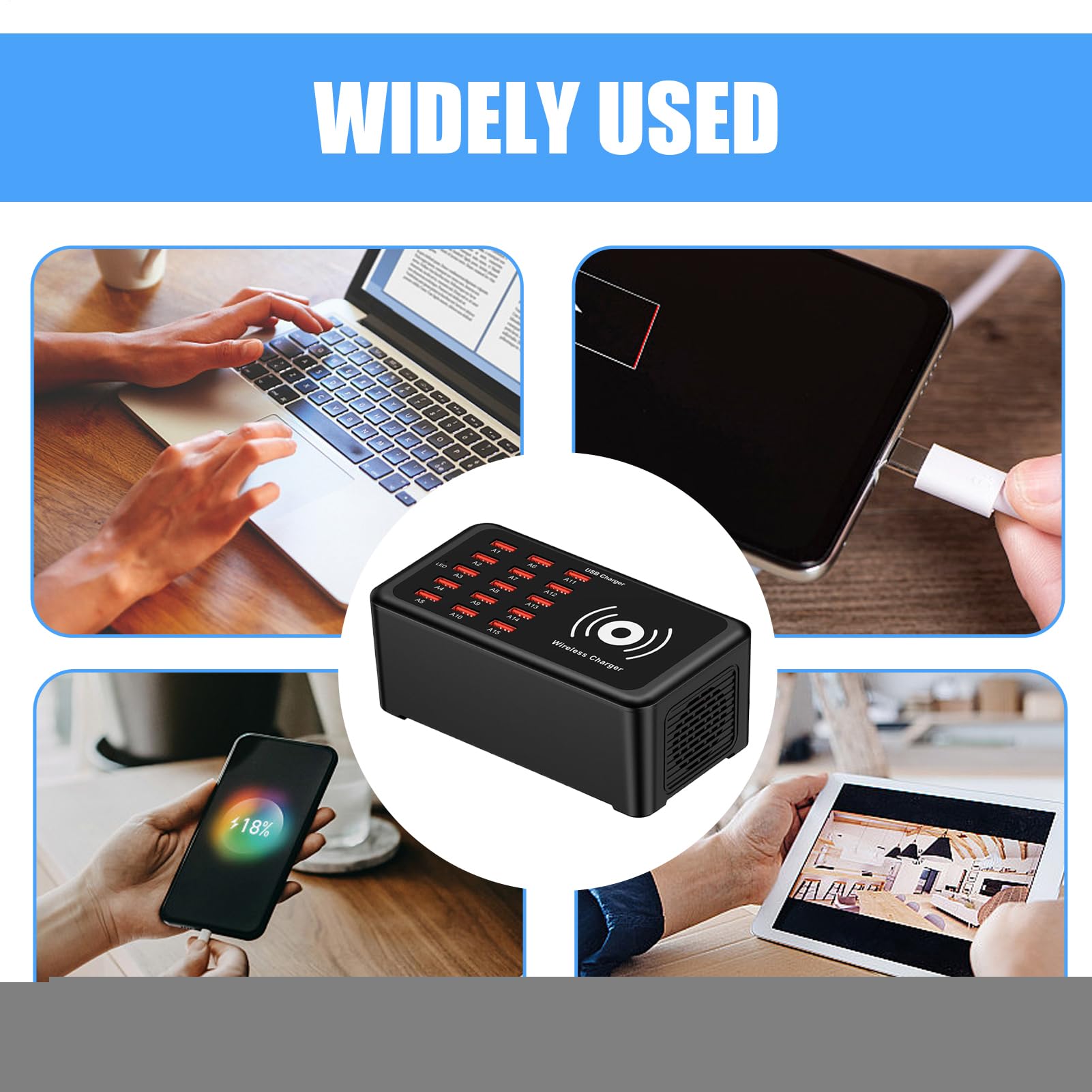 Hub di Ricarica USB 15 Porte 100W Ricarica Rapida | Stazioni di Ricarica per Cellulari Hub Caricatore USB Per Laptop Telefono Tablet Adulti Adolescenti Casa Ufficio Viaggio