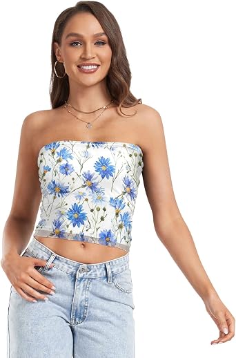 Blue Daisy & Floral Design Crop Top Strapless Bra Summer Gym Sexy Classic-Fit